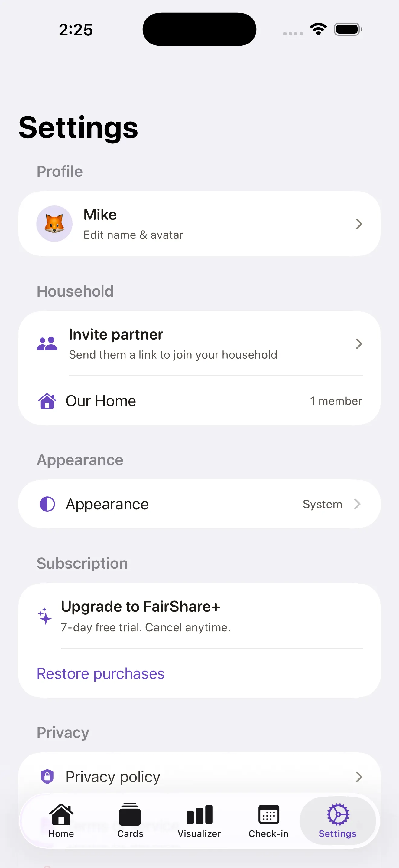 FairShare settings subscriptions & privacy shortcuts