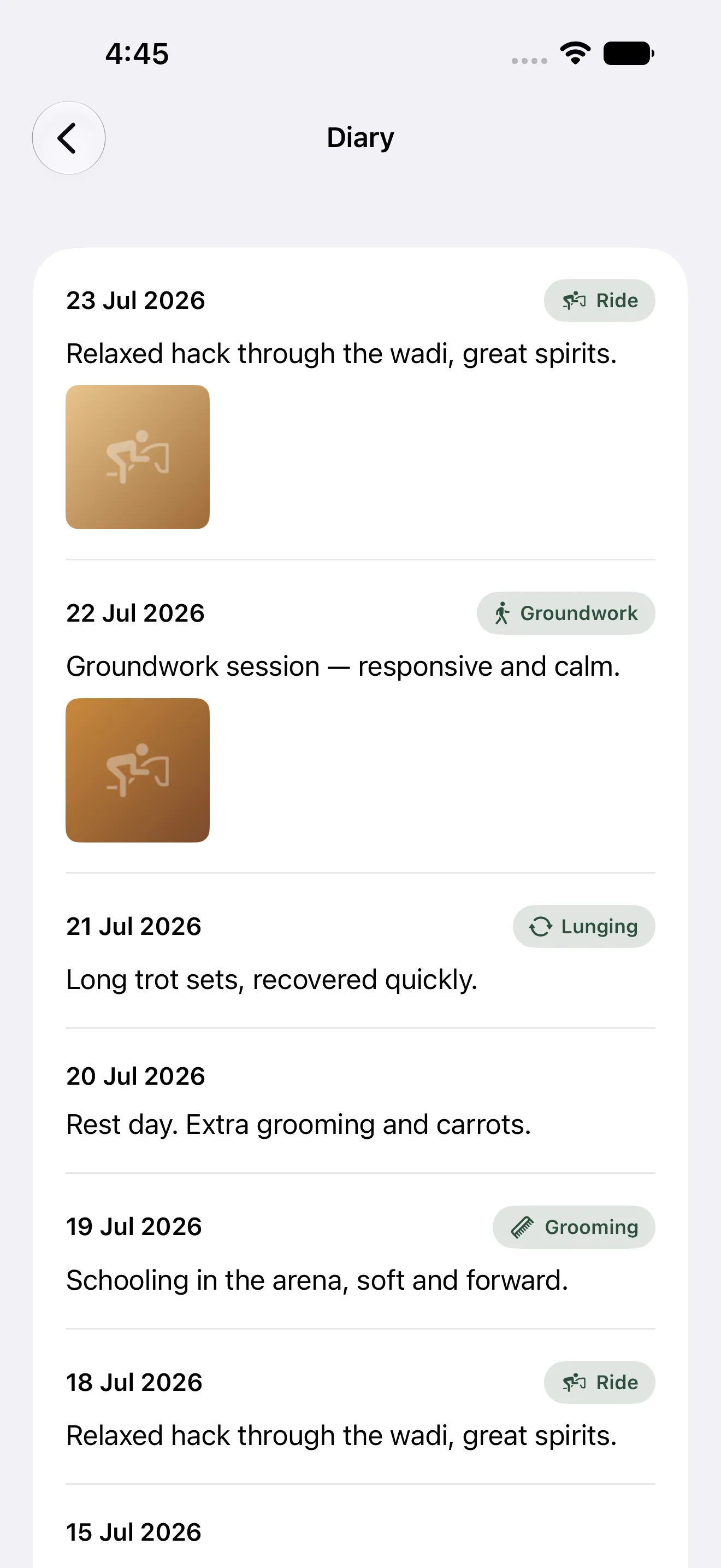 Hoofprint diary timeline with photos and activities