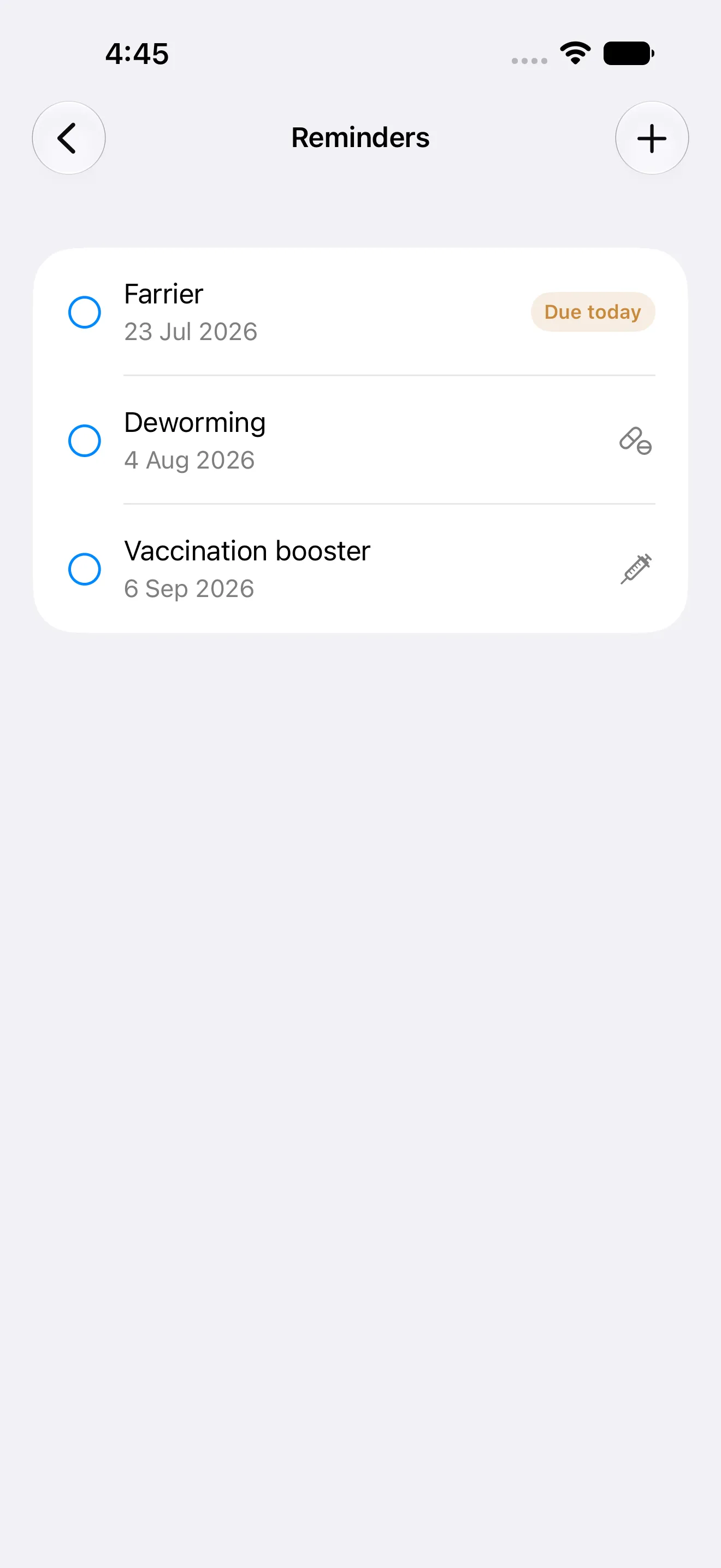 Hoofprint reminders with due badges — done right from the notification