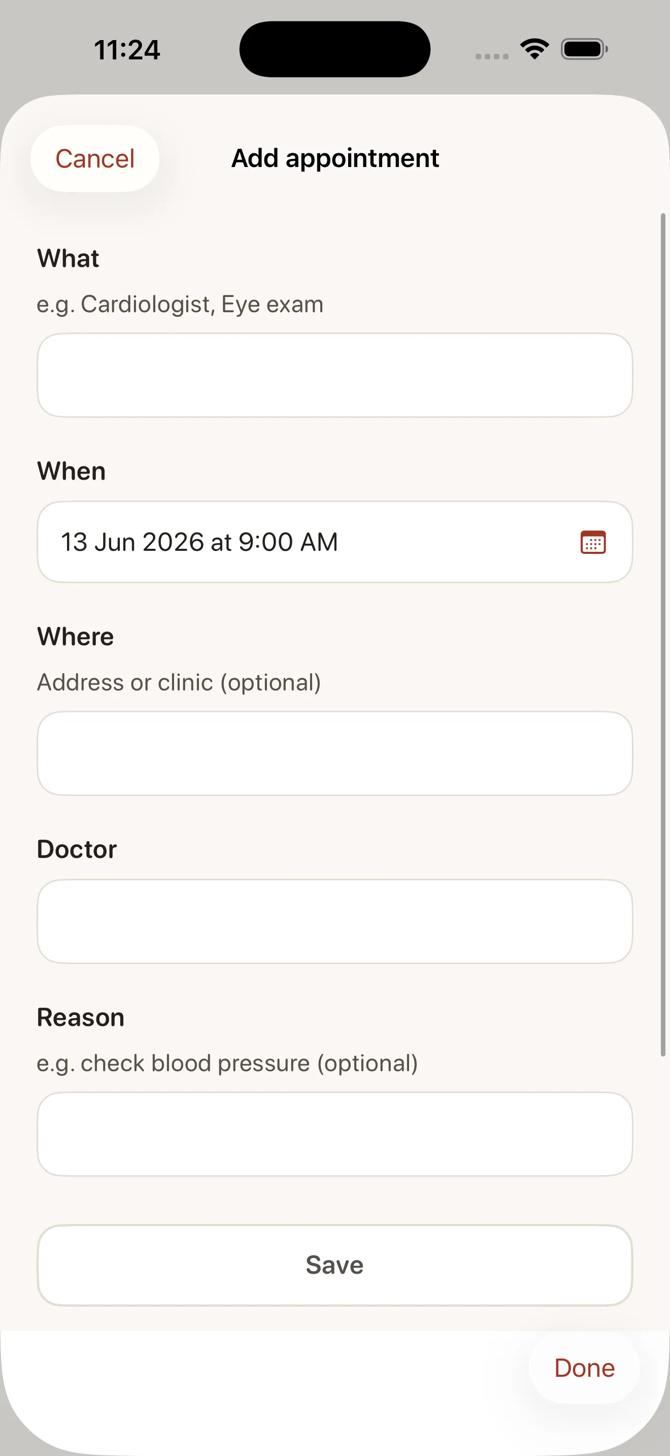 Kindred add appointment form with date, time, and location