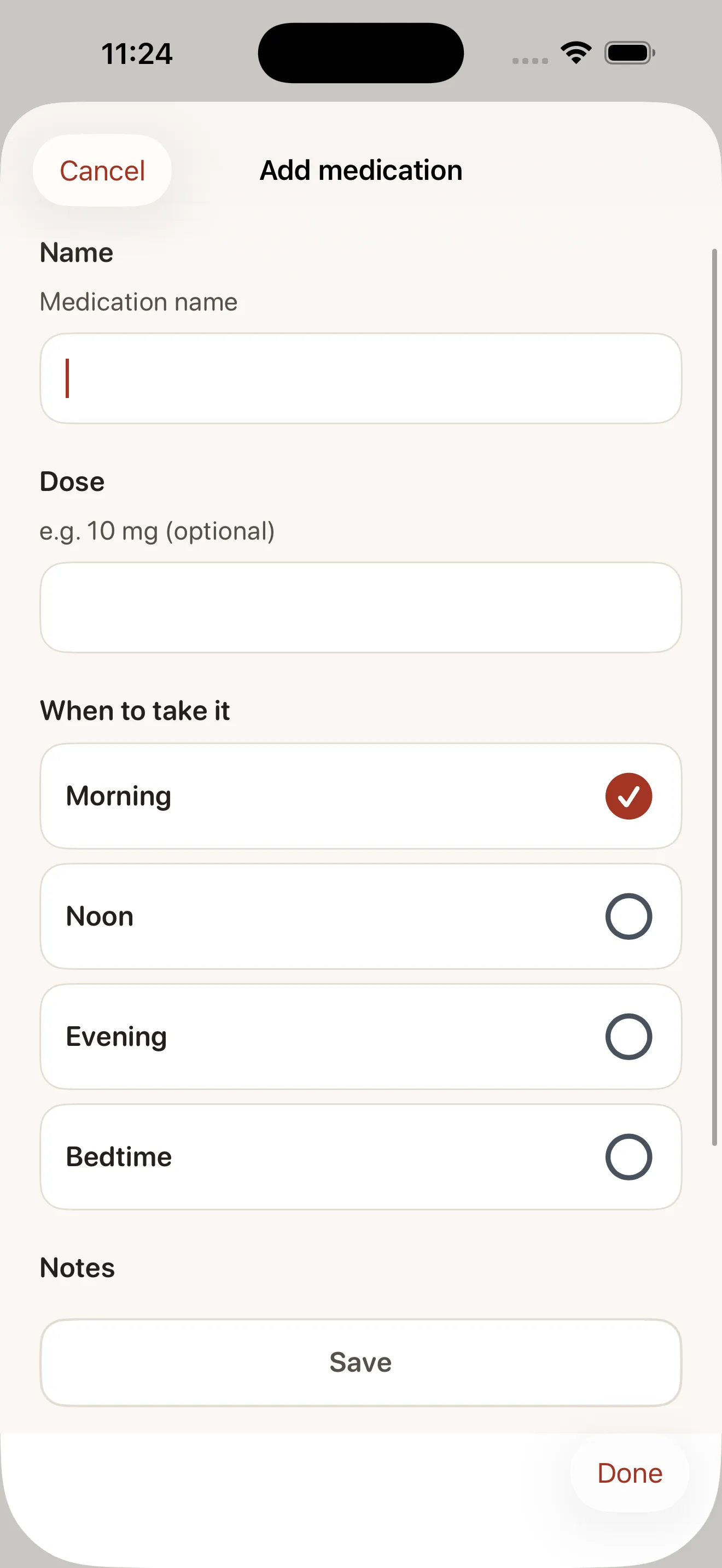Kindred add medication form with dose and schedule