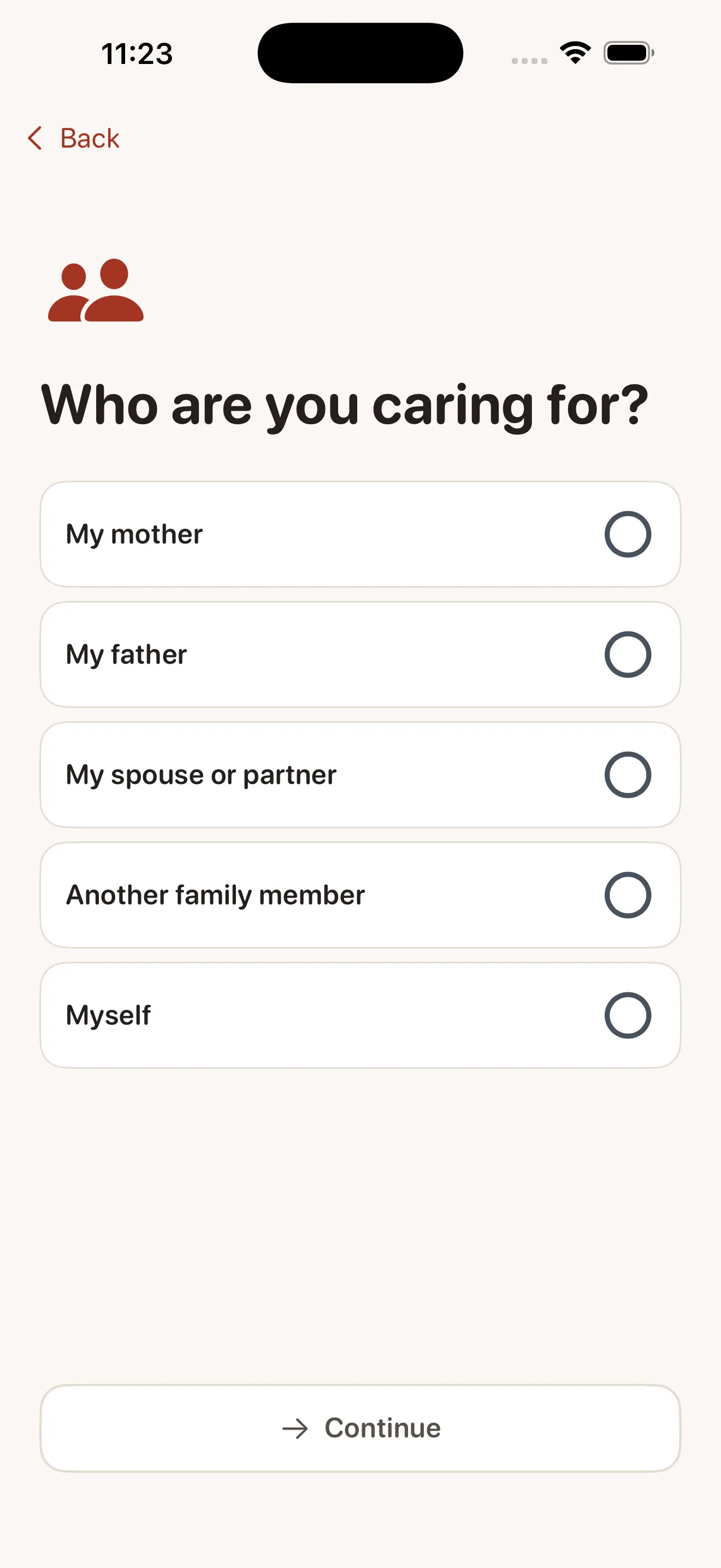 Kindred onboarding — Who are you caring for?
