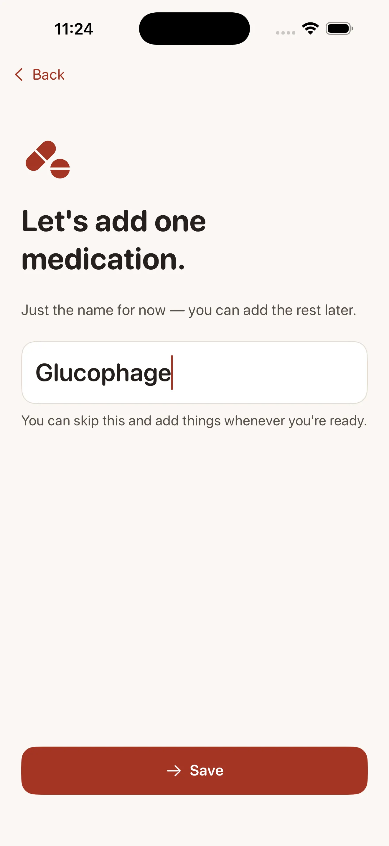 Kindred onboarding — add the first medication to begin