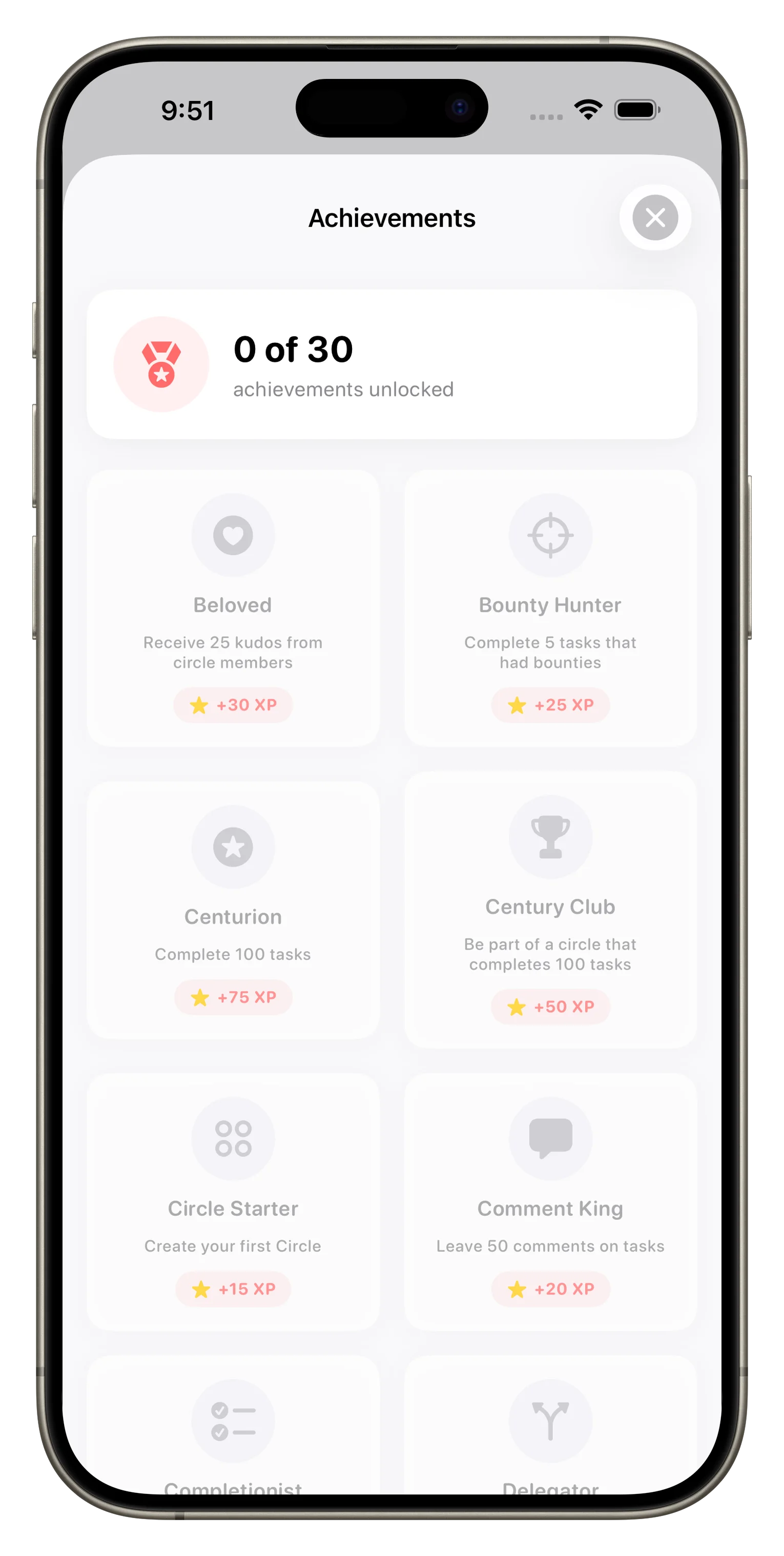 Loopd achievements grid with unlocked badges and progress