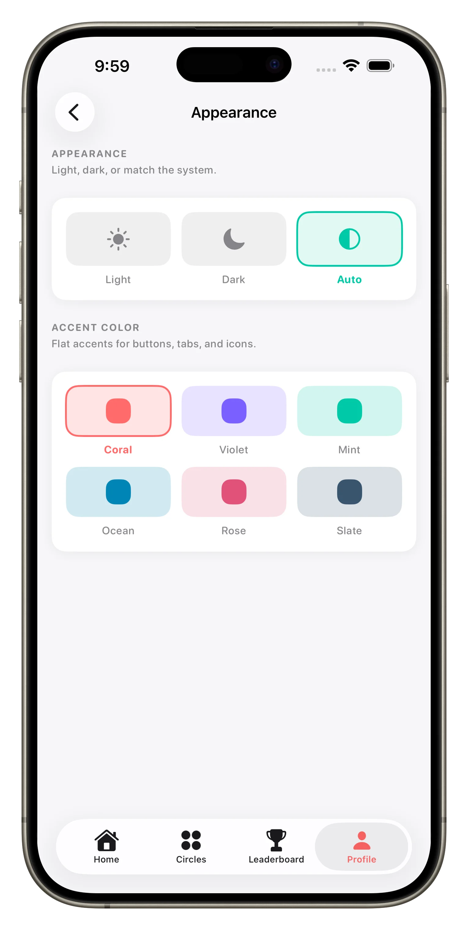Loopd appearance settings with theme and accent options