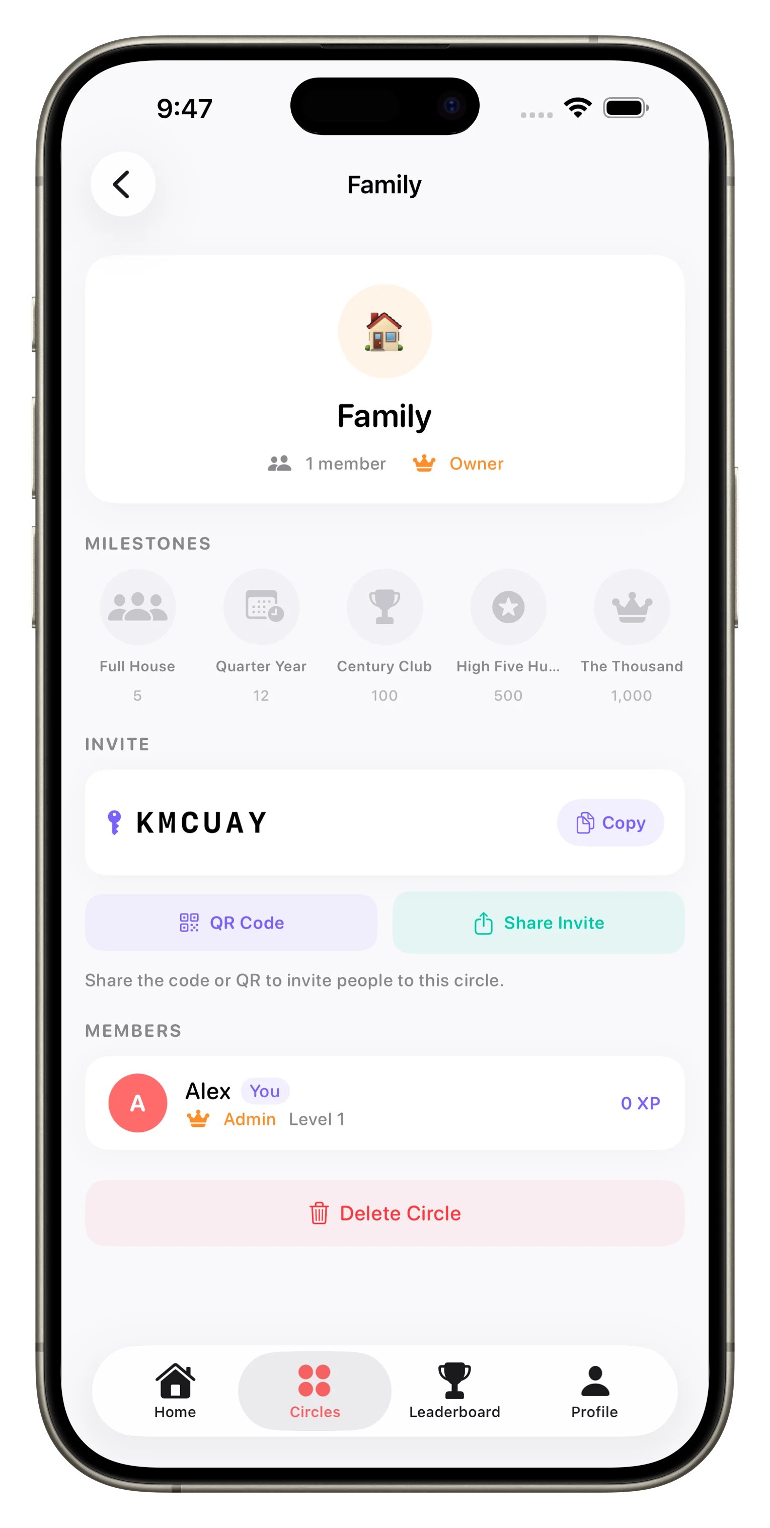 Loopd Circle detail with tasks, members, and activity feed