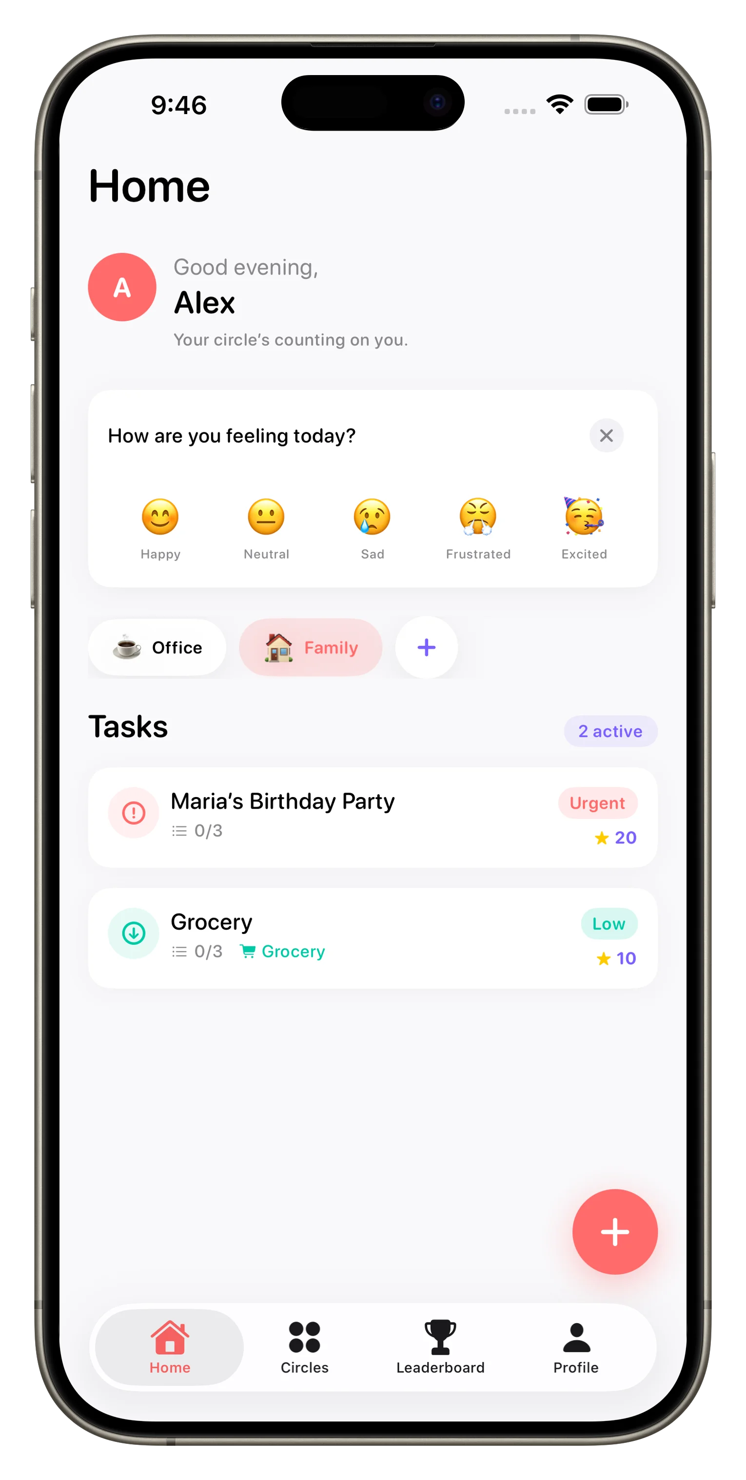 Loopd home dashboard with tasks, greeting, and Circle picker