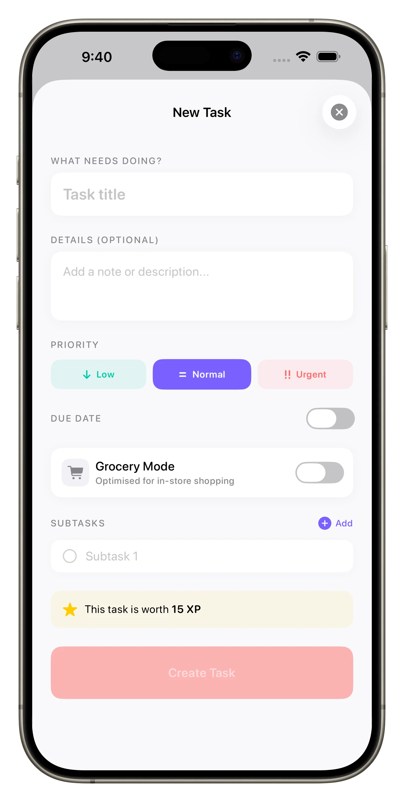 Loopd create task sheet with category, priority, and assignment