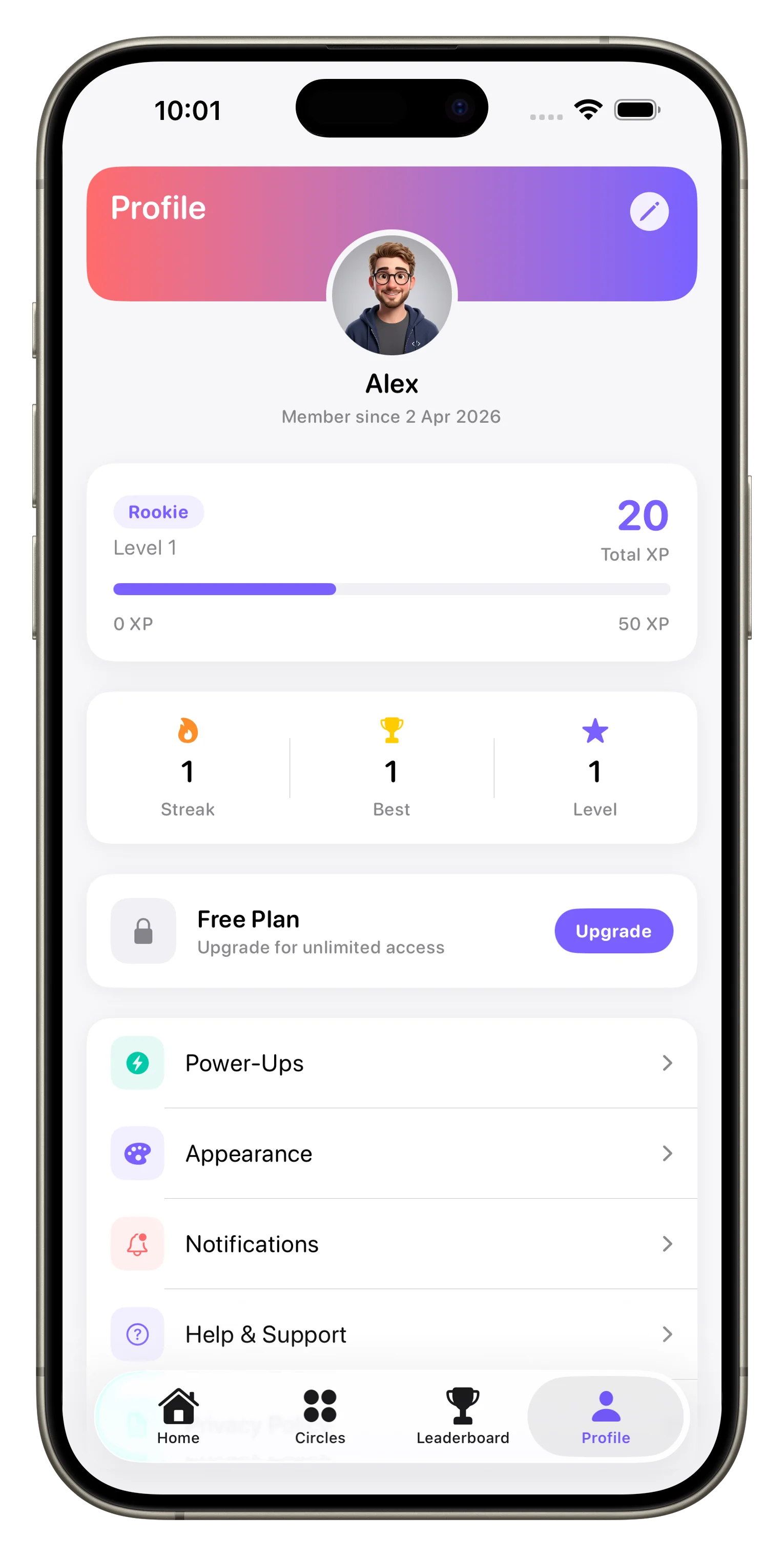 Loopd profile with stats, level, and personalization options