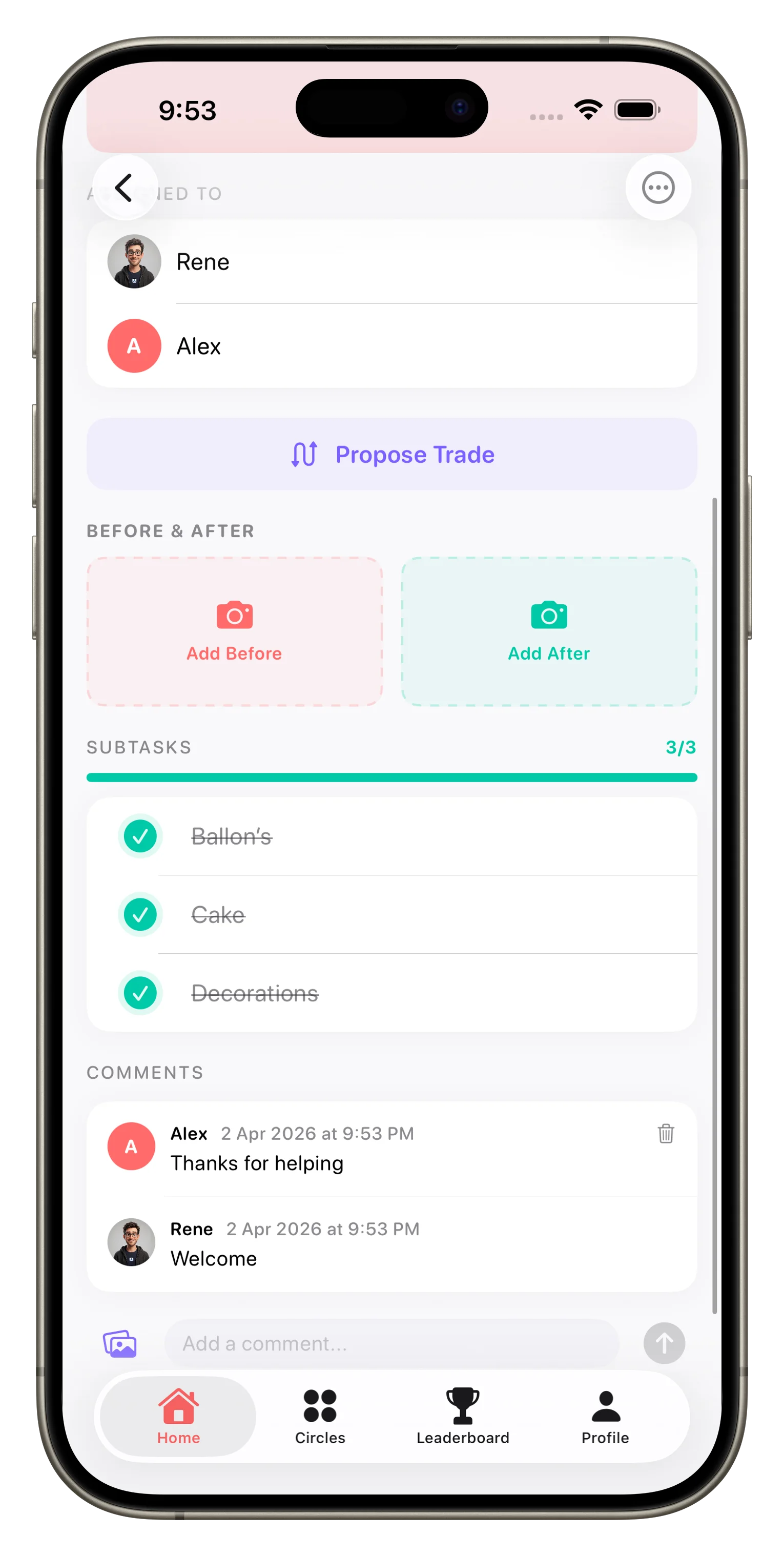 Loopd task comments with photo attachments and mentions