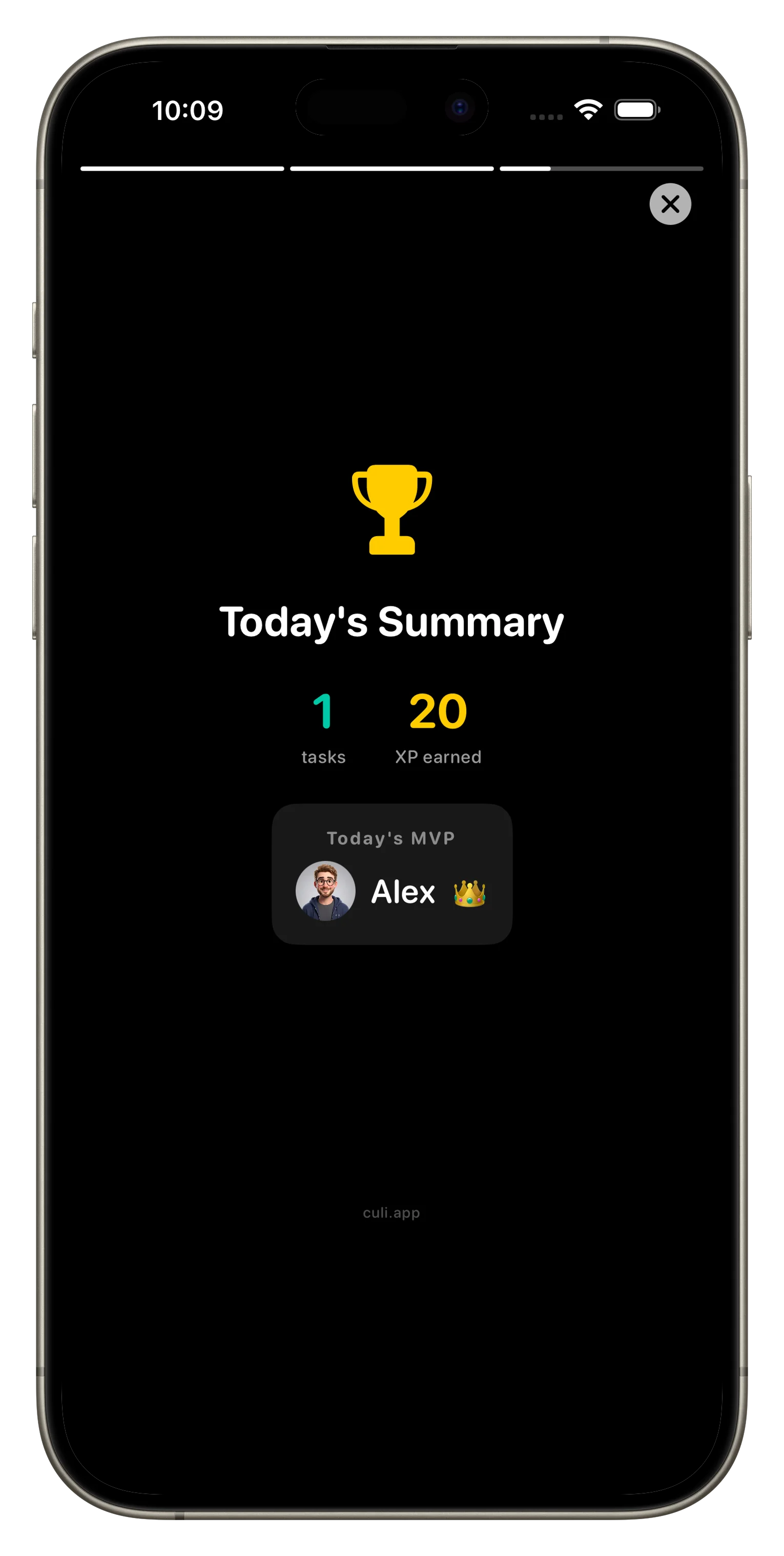 Loopd daily story card with task recap and streak status