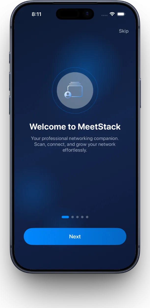 MeetStack — Business Card Scanner (iPhone app preview)
