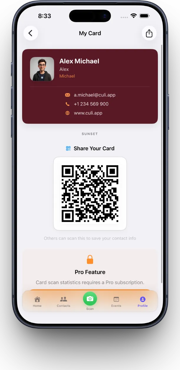 MeetStack digital card design options and QR sharing