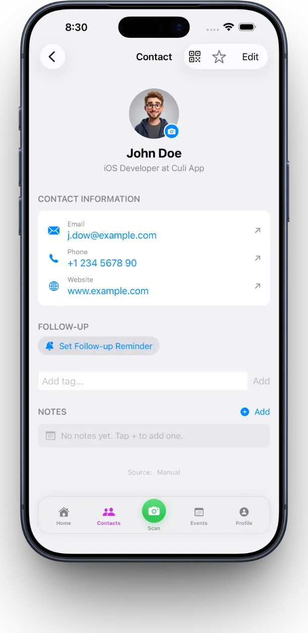 MeetStack contacts library showing organized card collection