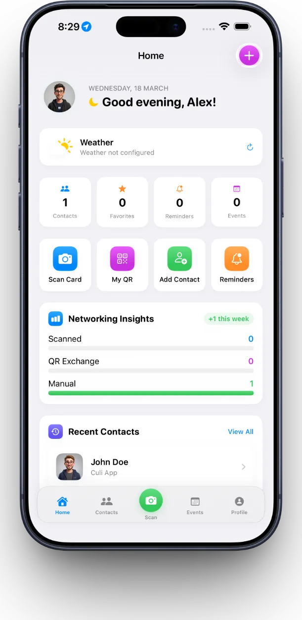 MeetStack dashboard with contact stats and reminders