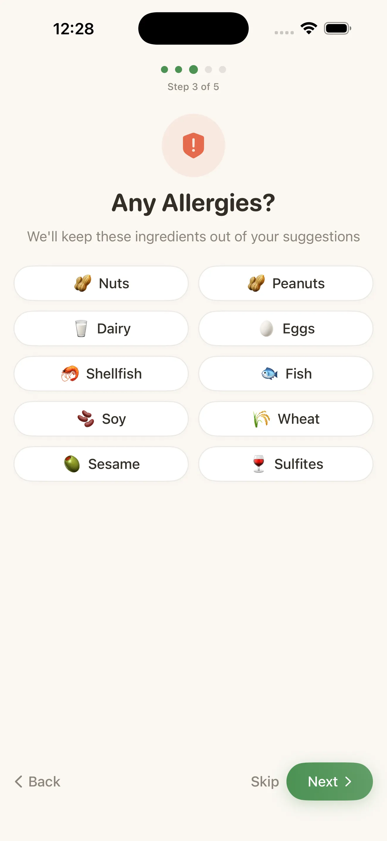 MiseMate allergy selection screen