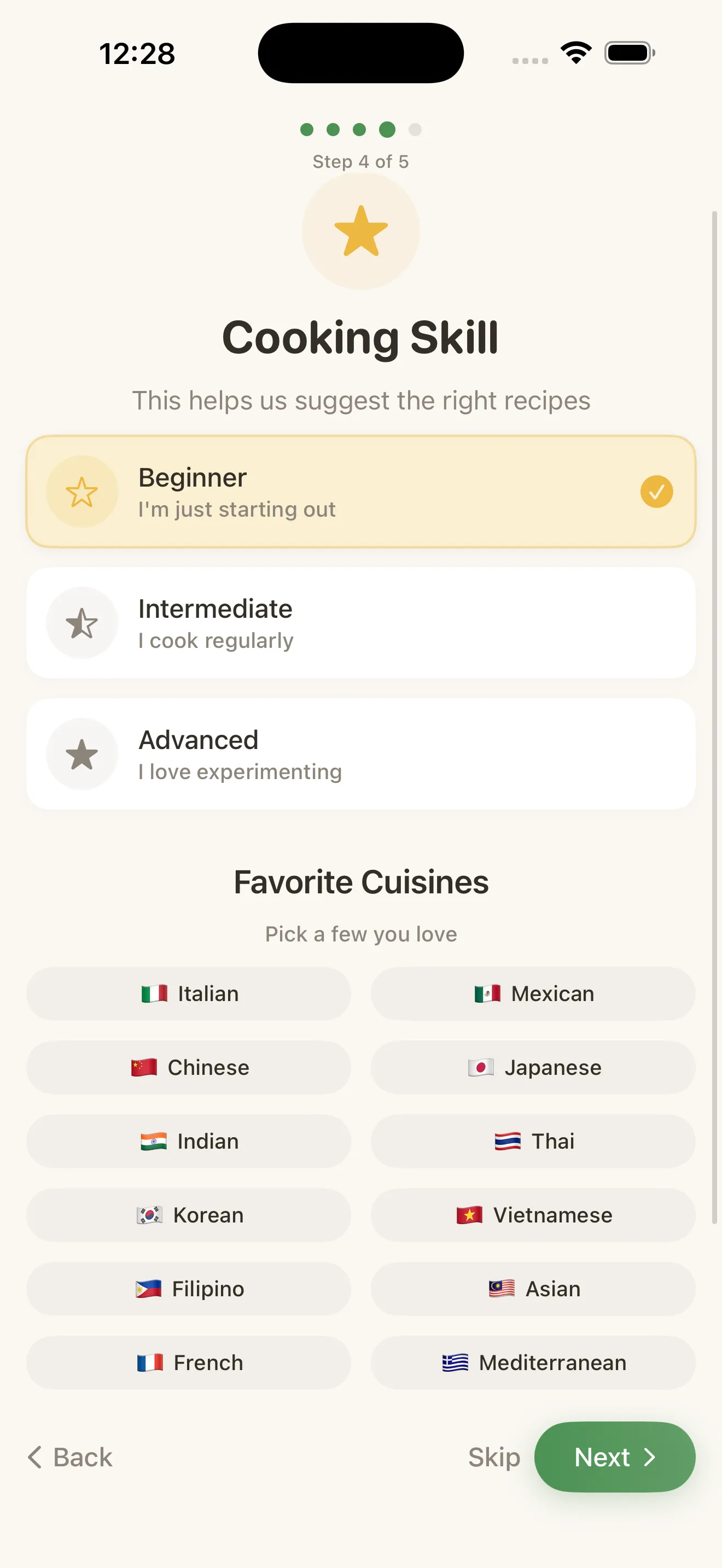 MiseMate cooking skill level selection