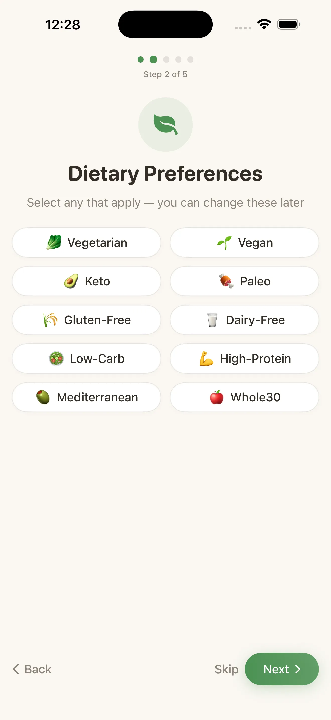 MiseMate dietary preferences setup screen