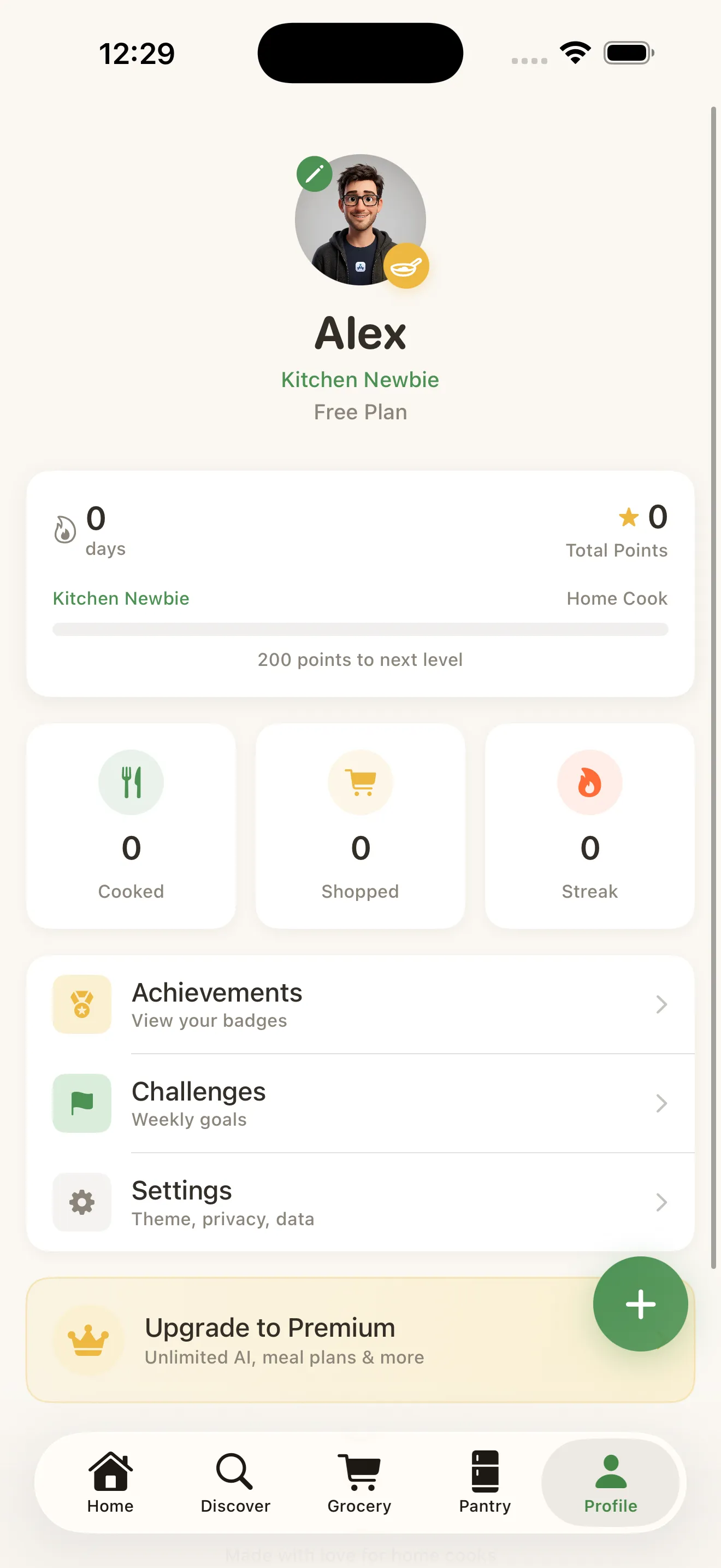 MiseMate profile with level, streaks, badges, and cooking stats