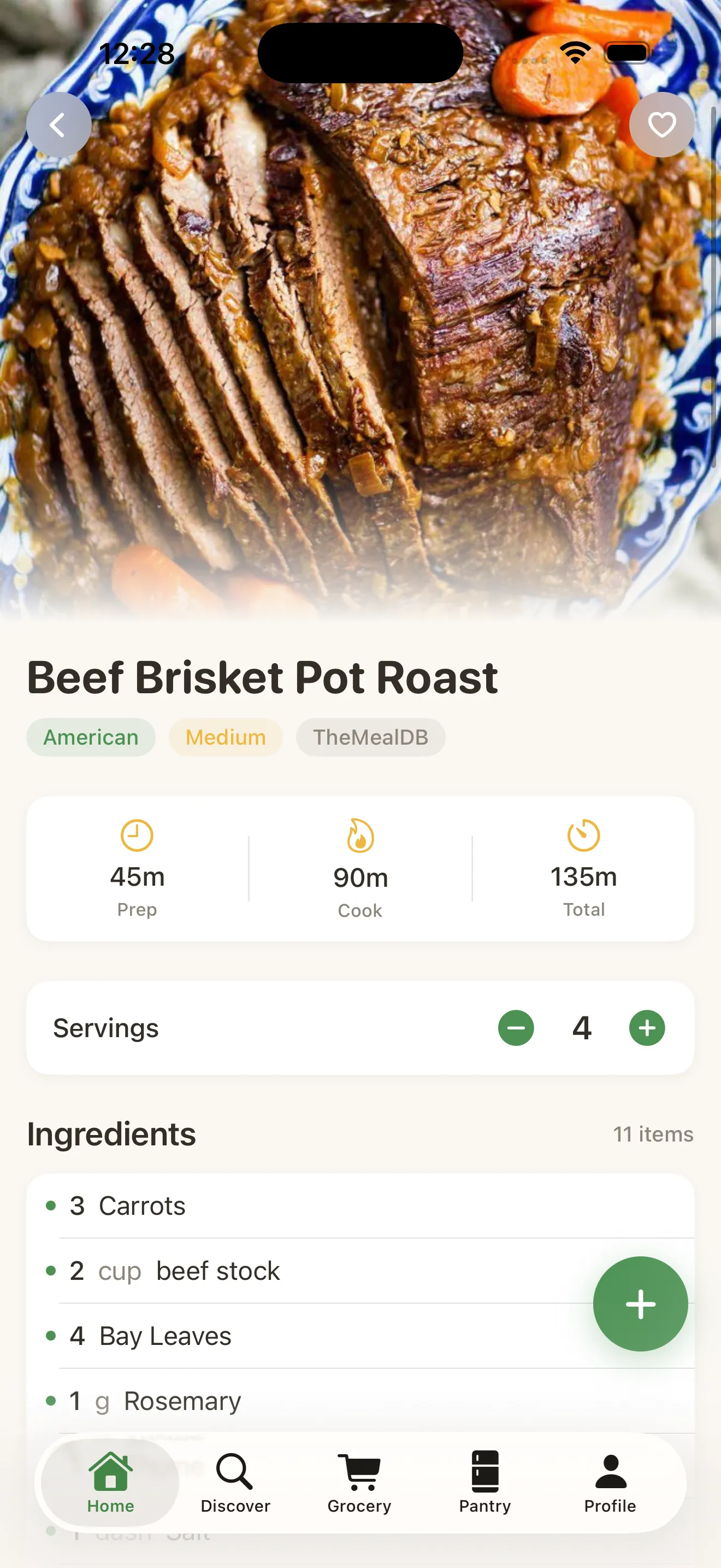 MiseMate recipe detail with scaled ingredients and nutrition data