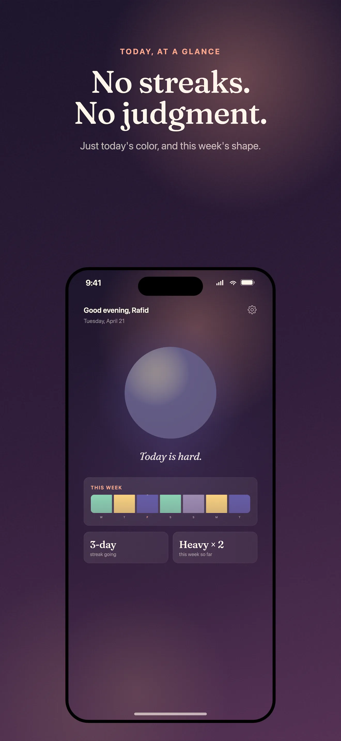 MoodLight home dashboard with the weekly mood gradient strip