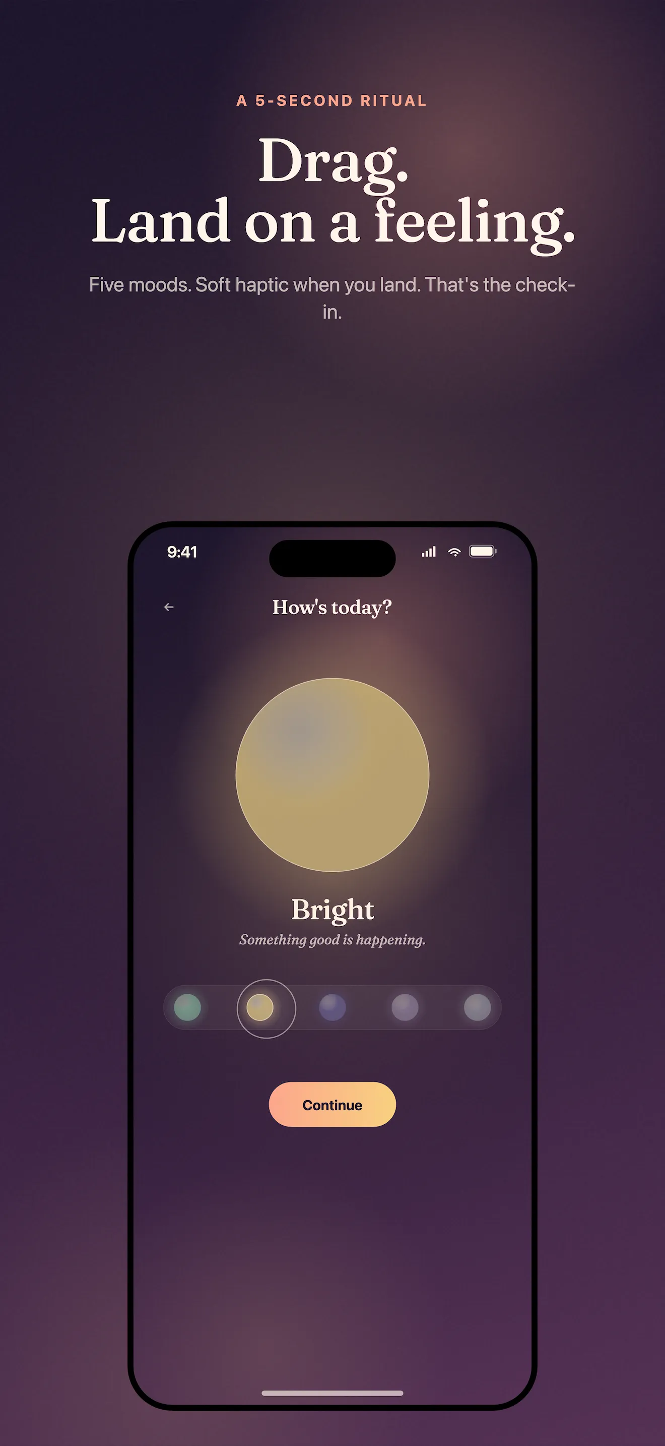 MoodLight check-in screen with the five colored orbs