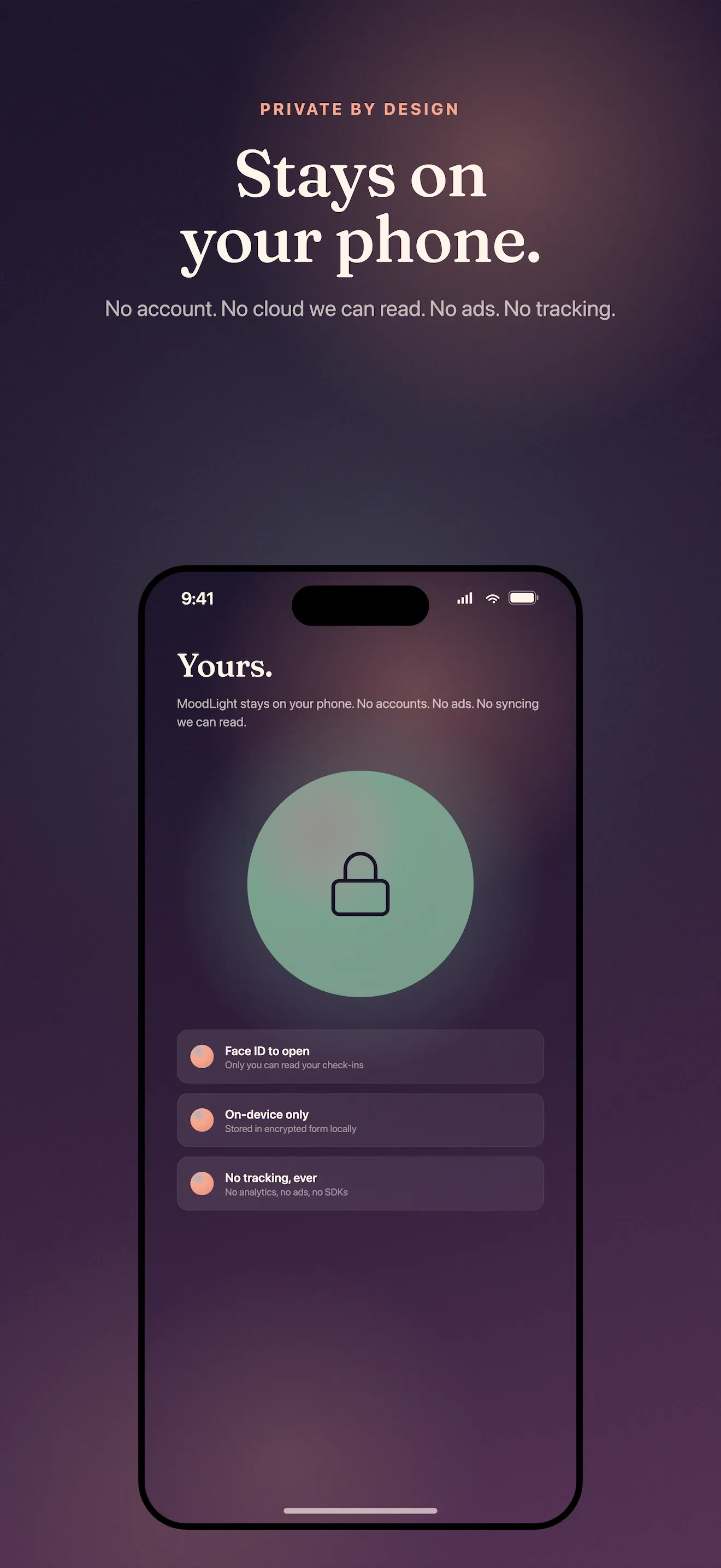 MoodLight privacy promise screen — no account, no cloud, on-device only