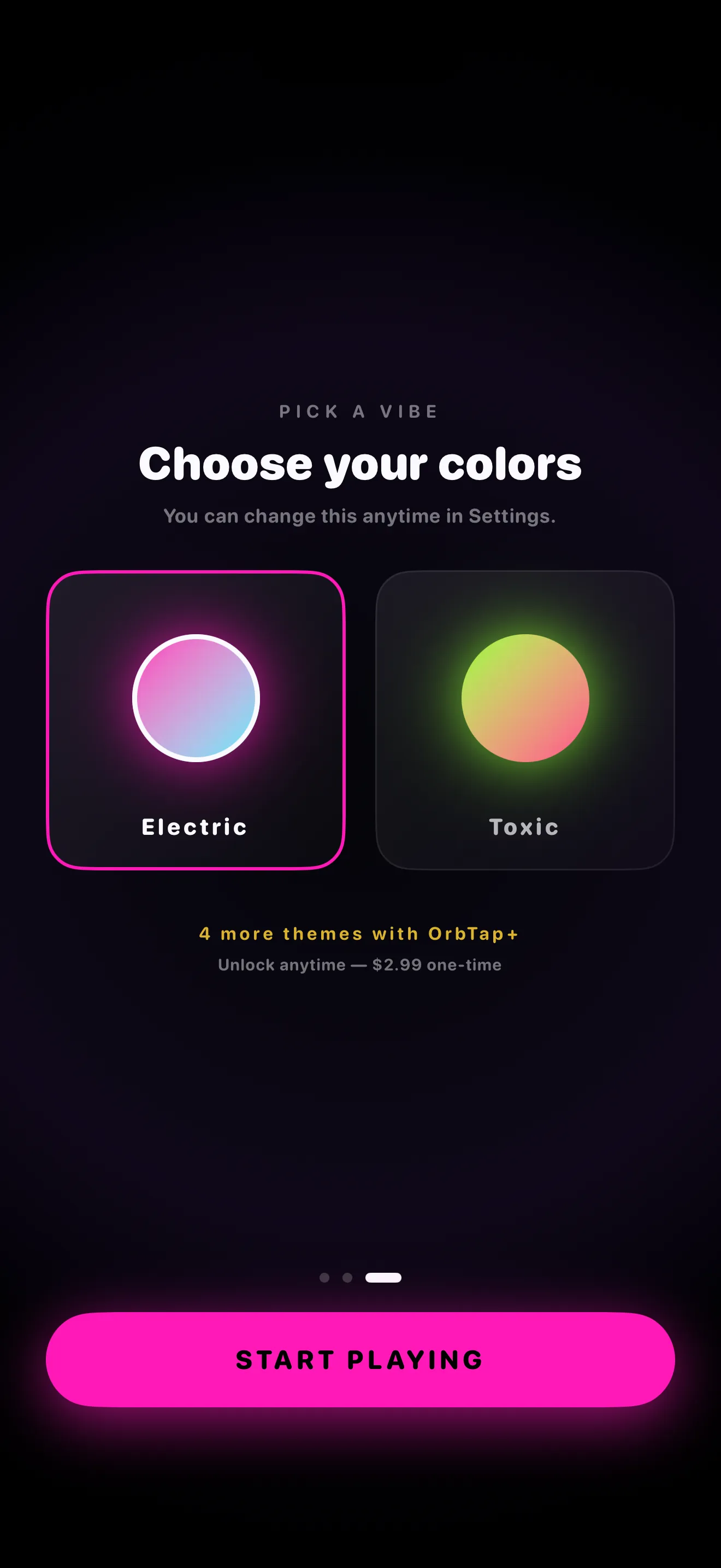 OrbTap theme picker with the neon colour palettes