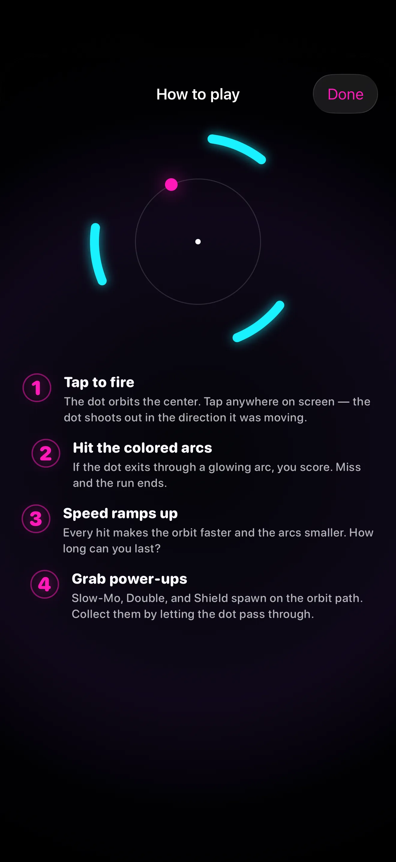 OrbTap how-to-play screen with one-tap gameplay rules
