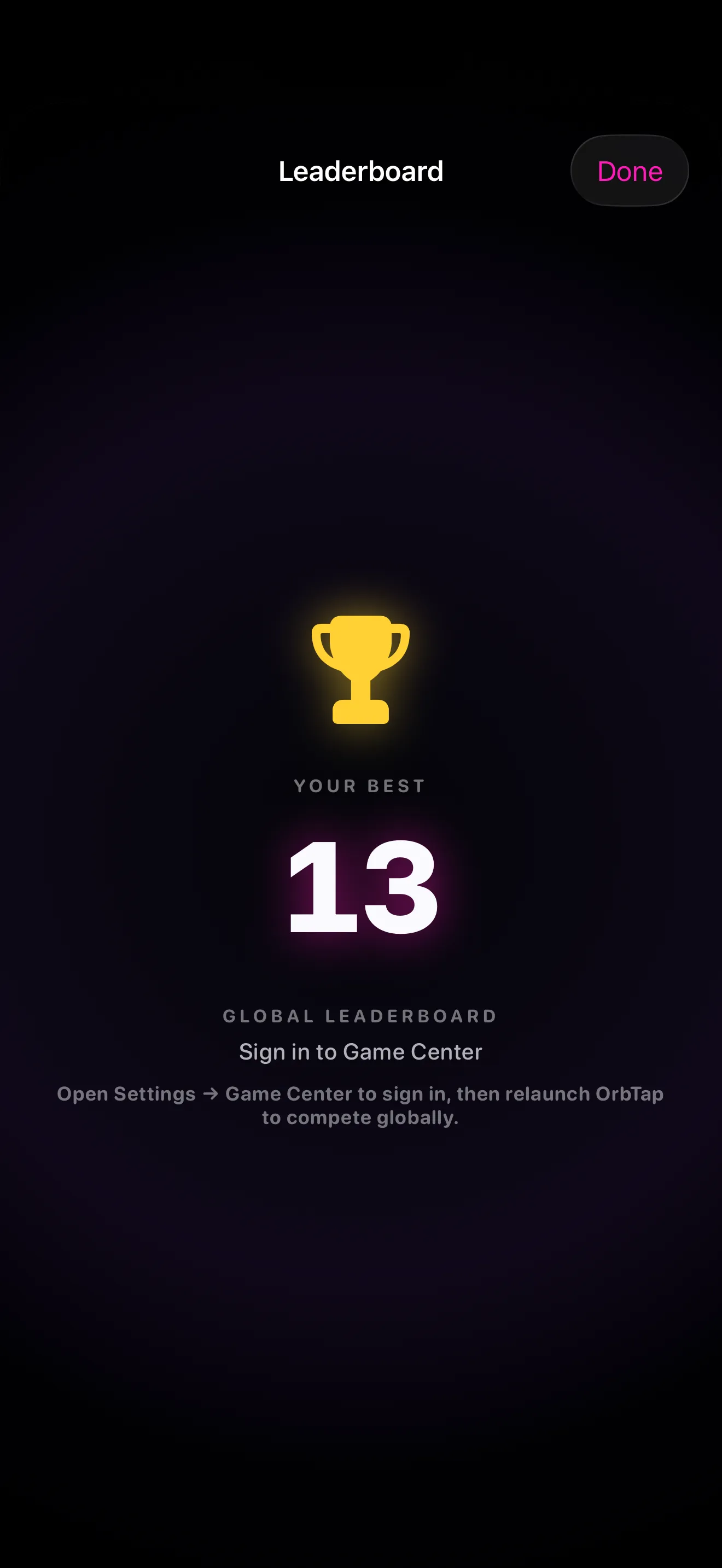 OrbTap GameCenter leaderboard with global rankings