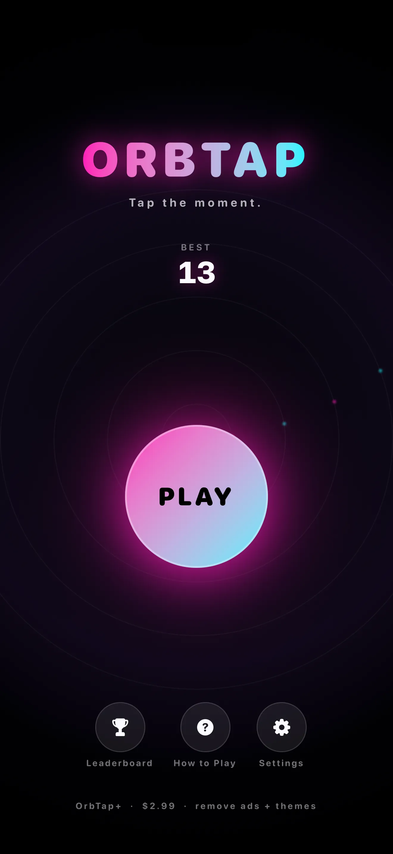 OrbTap main menu with the glowing PLAY button and best-score display