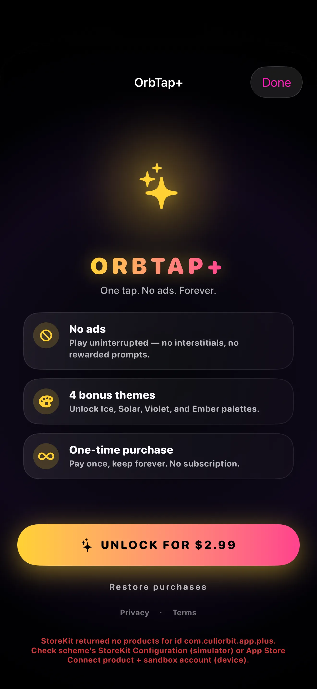 OrbTap+ paywall with the $2.99 unlock