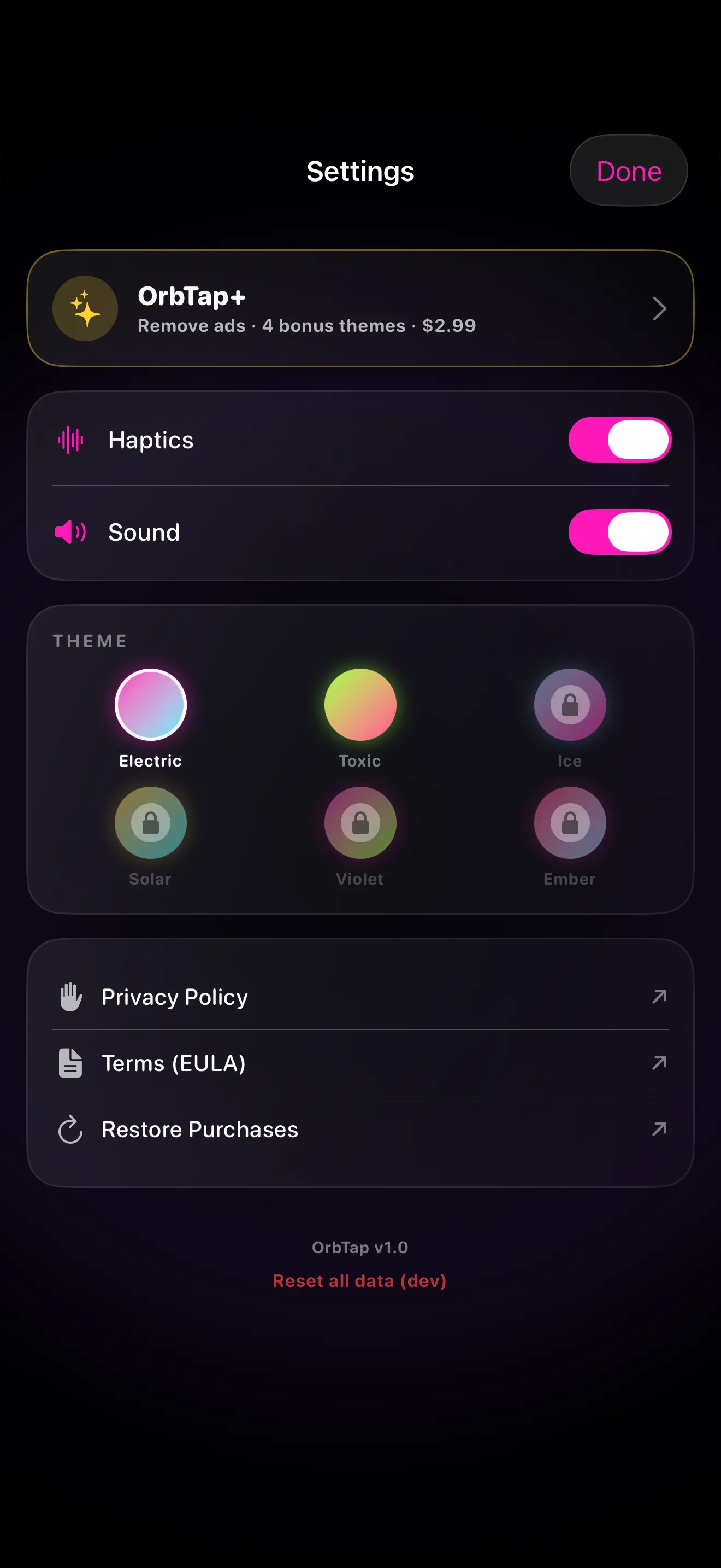 OrbTap settings with haptics, sound, theme, and Restore Purchases