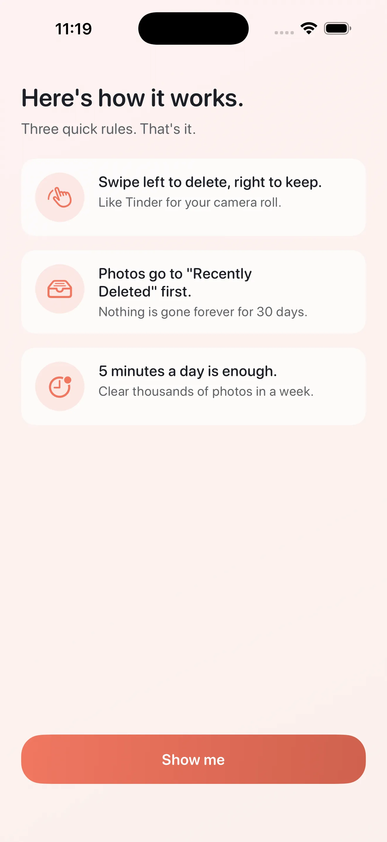 Phlash onboarding — how swiping works