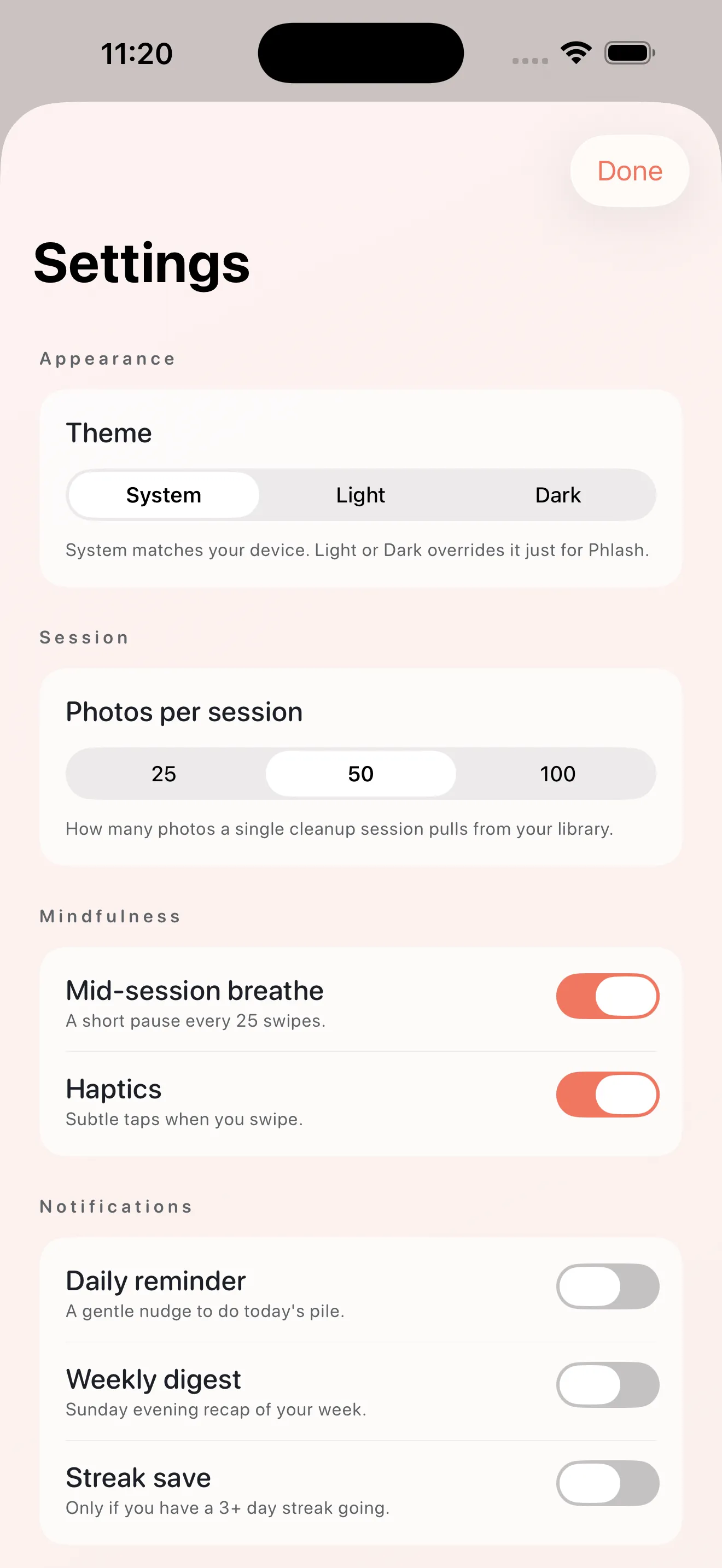 Phlash settings and appearance