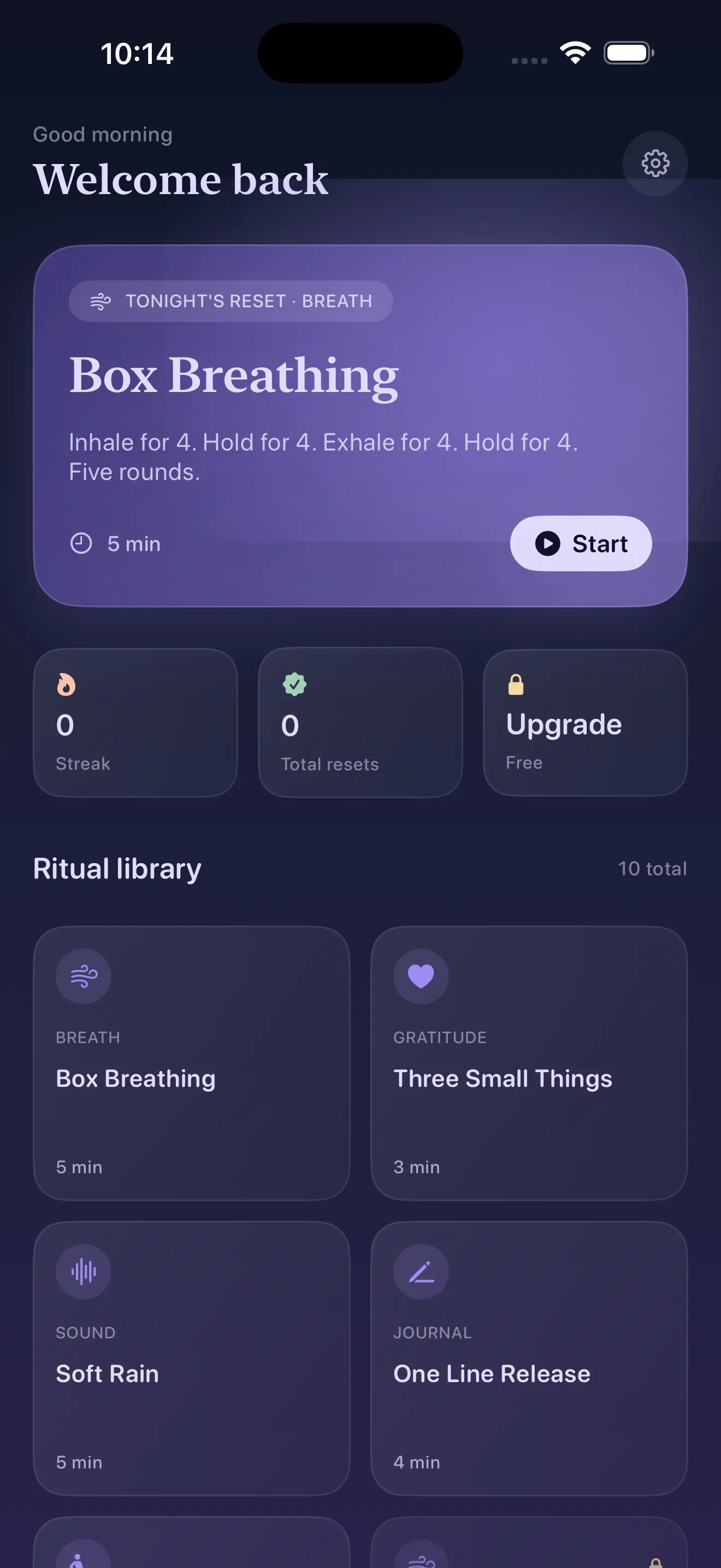 Reset dashboard with tonight's hero ritual card