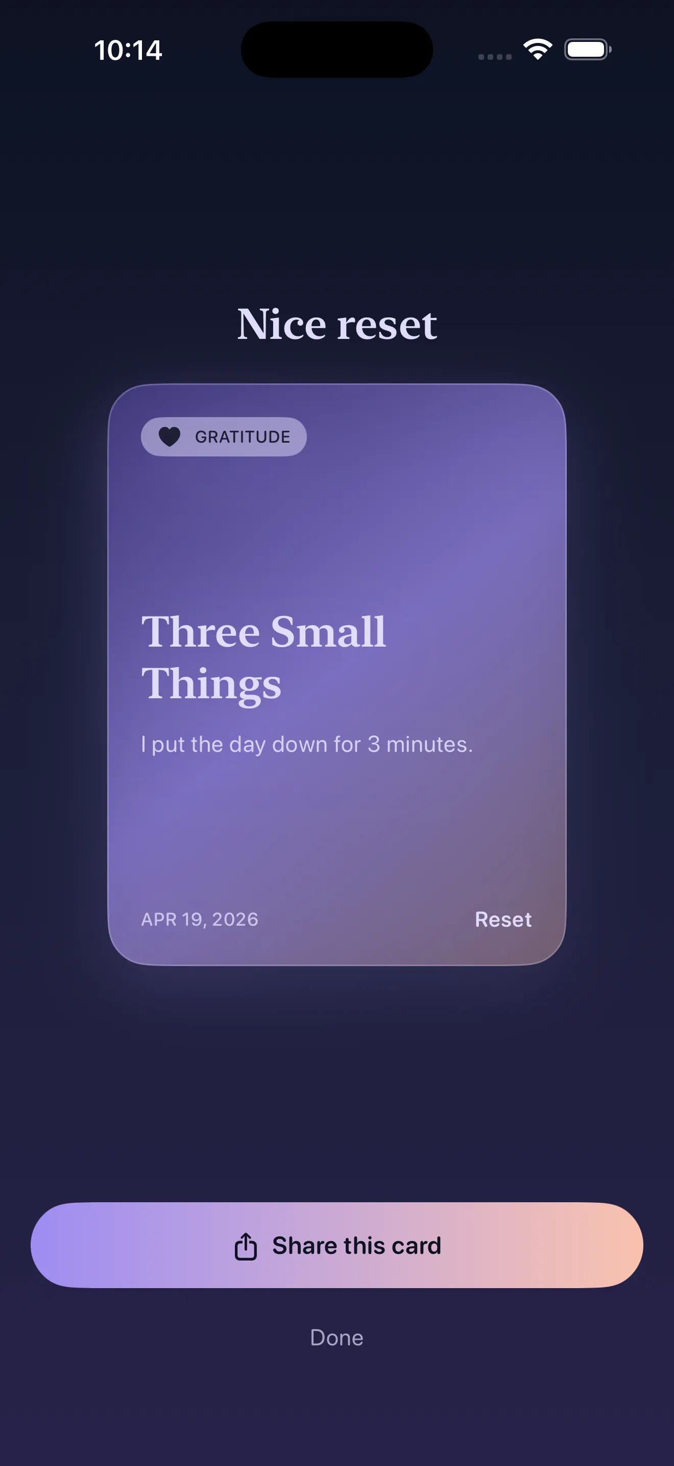 Reset shareable card to mark a good night
