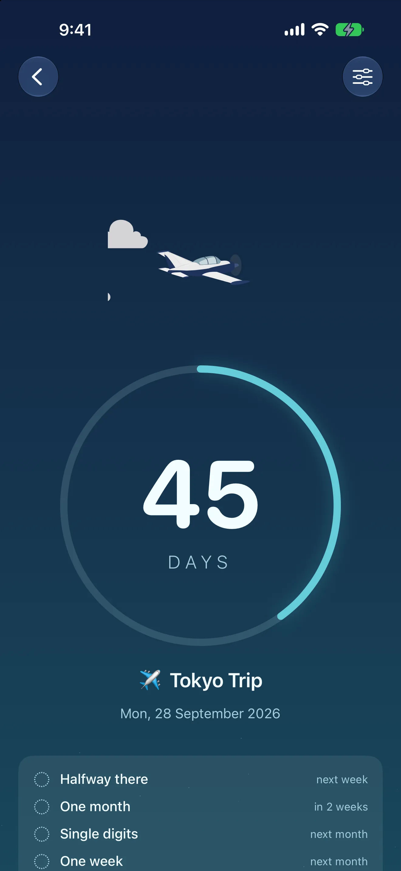 Soon Tokyo trip countdown showing 45 days in a progress ring with an ambient plane scene