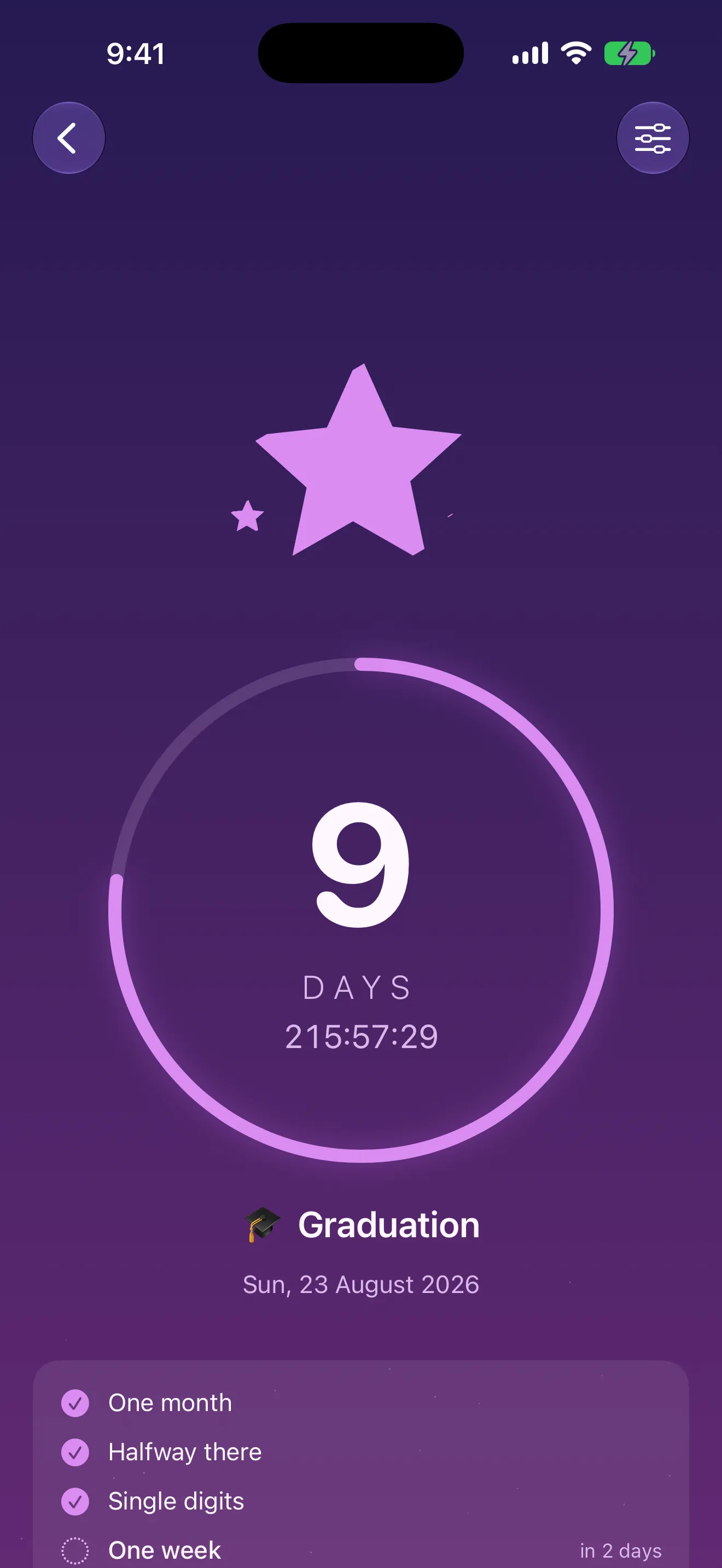 Soon graduation countdown at 9 days with live hours and minutes and completed moments