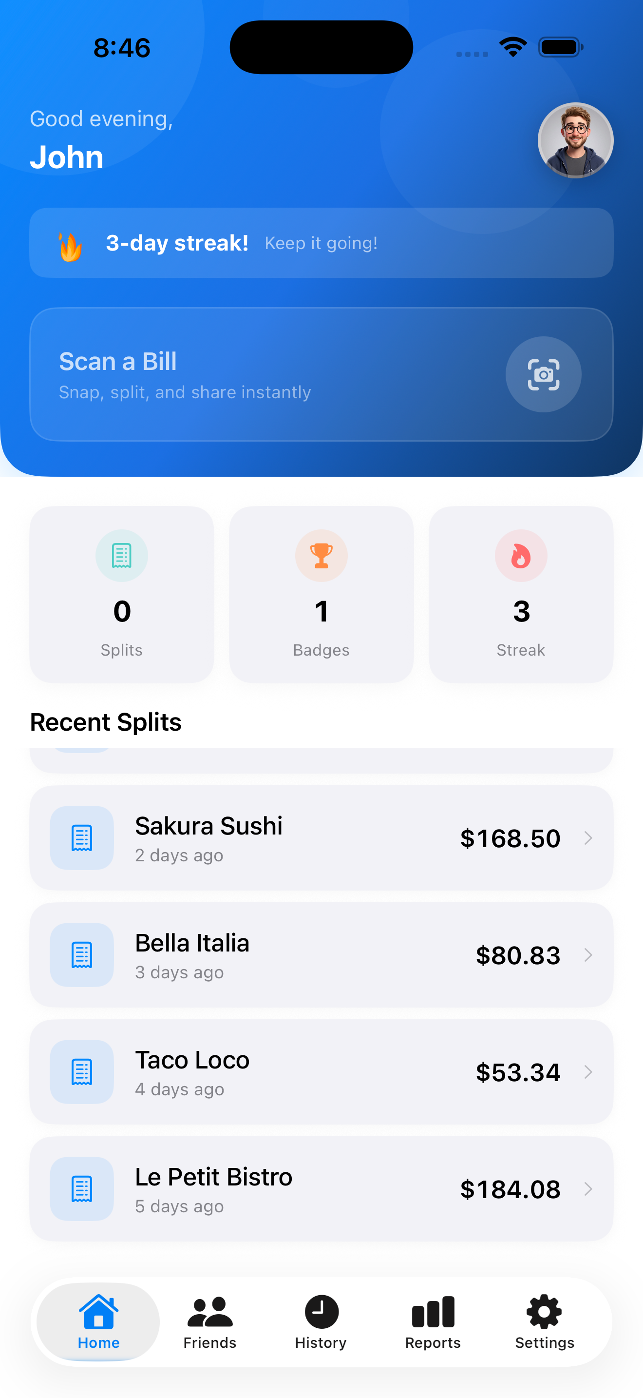 SplitSnap — Bill Splitter AI (iPhone app preview)