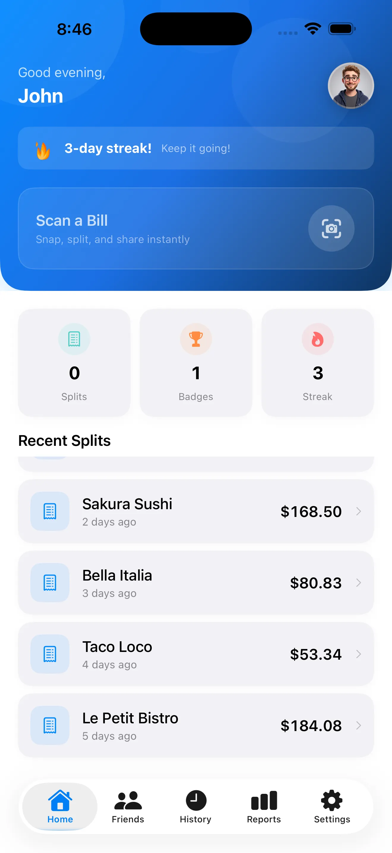 SplitSnap home dashboard with Scan a Bill CTA