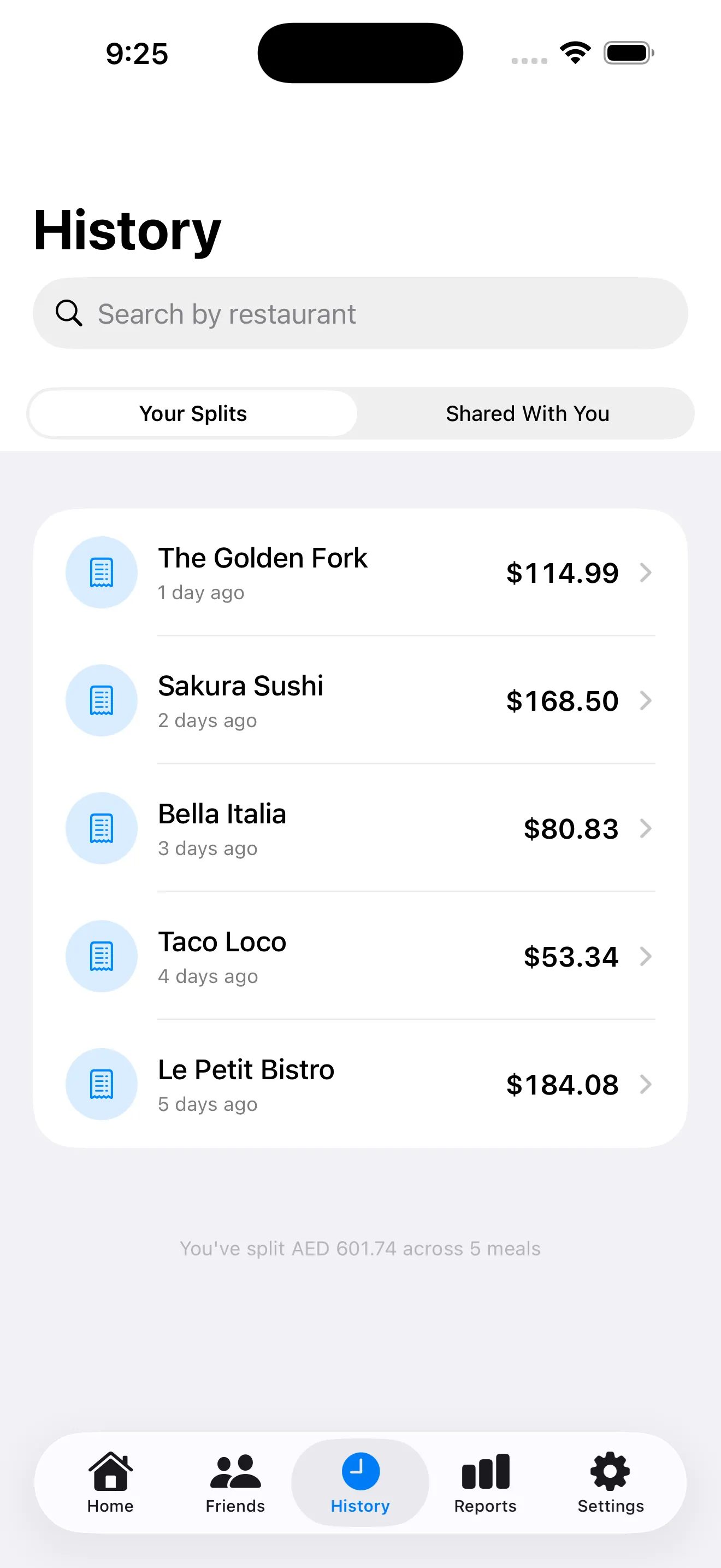 SplitSnap history tab with past splits