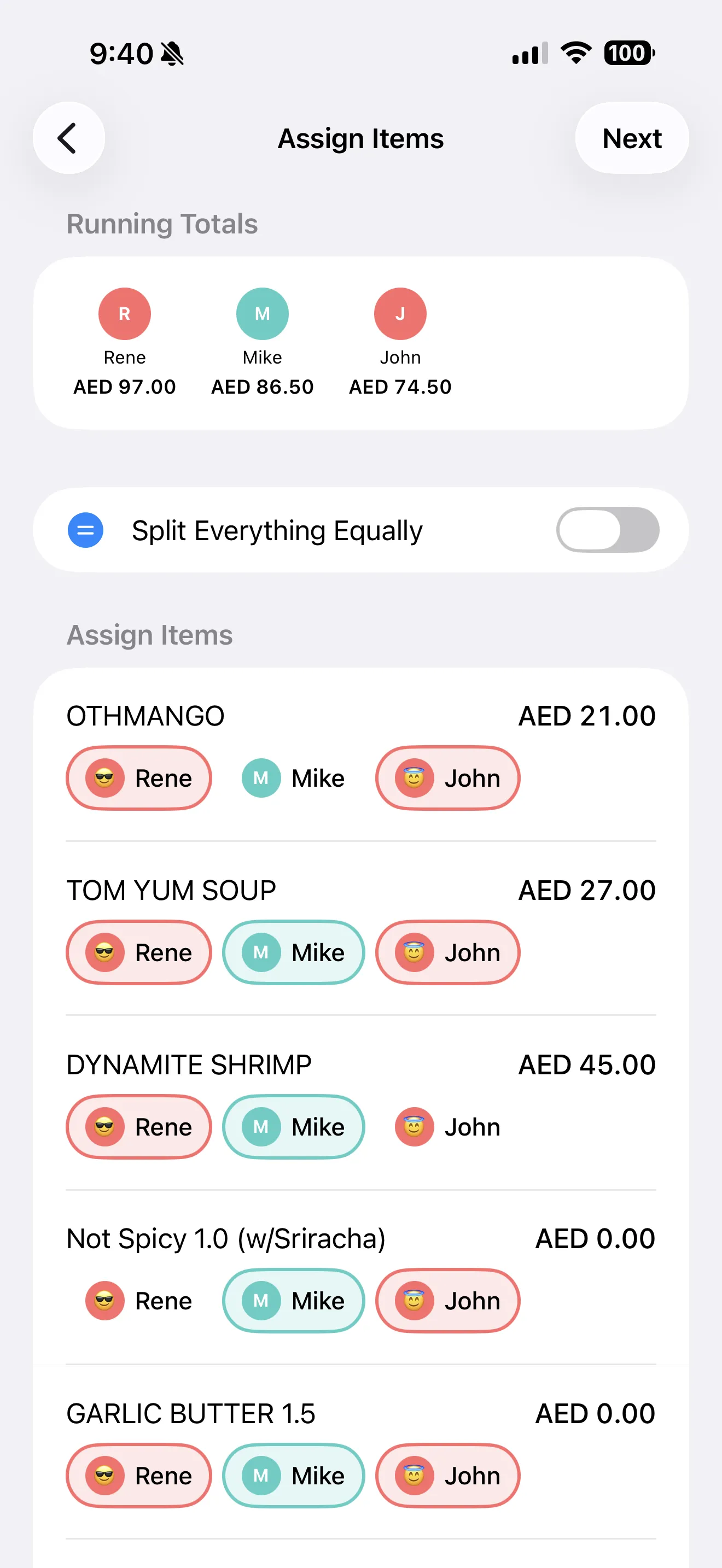 SplitSnap assign items screen with colorful name chips