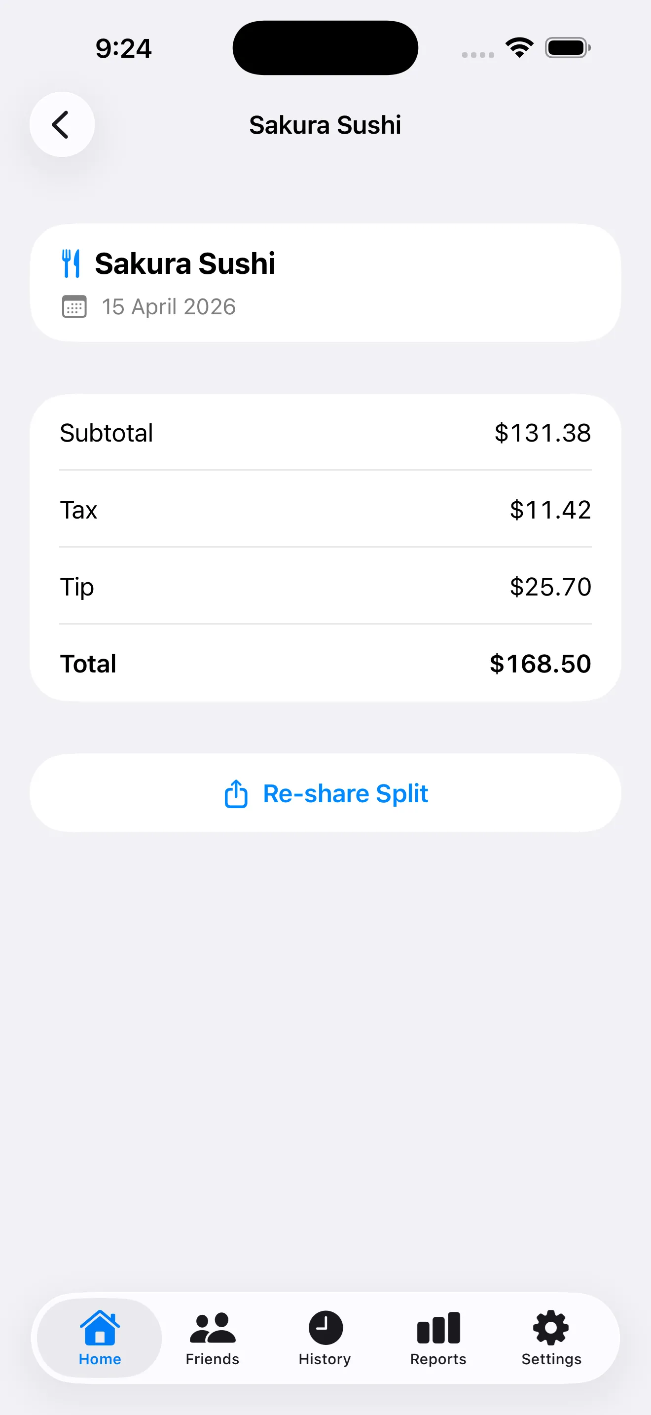 SplitSnap receipt detail view with line items