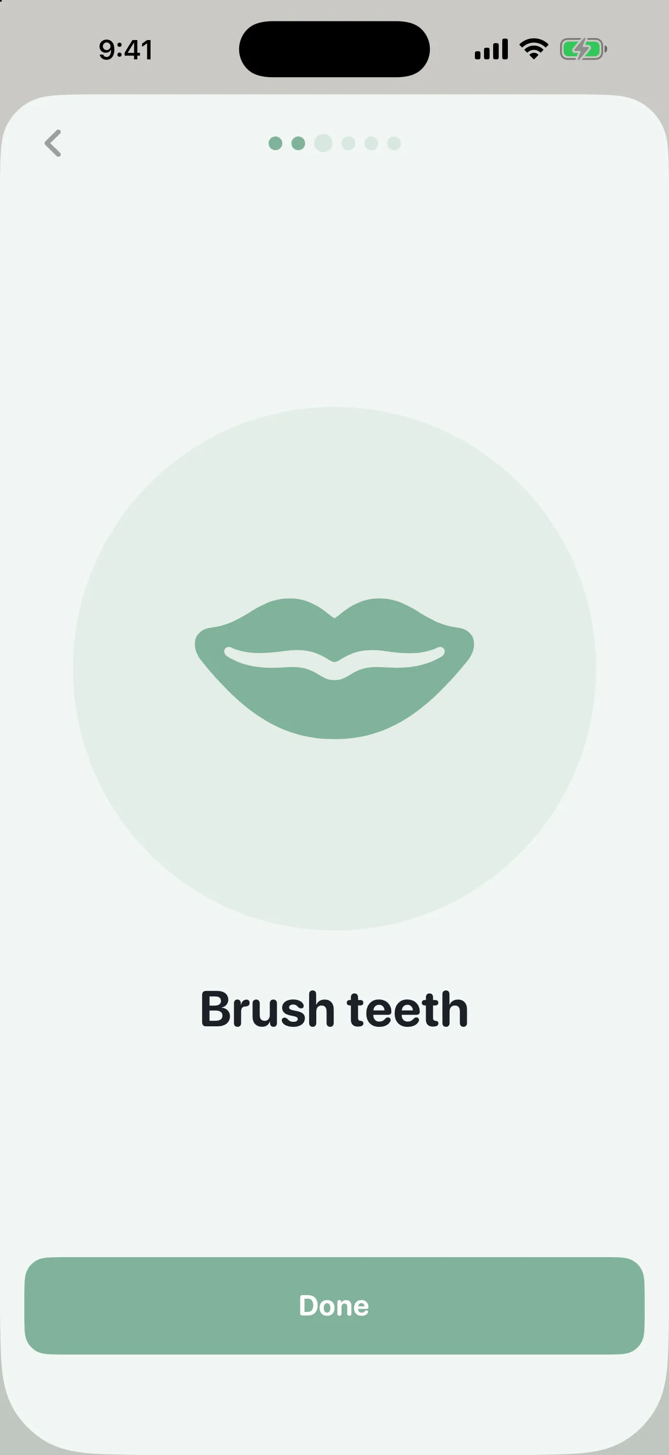 Starling Focus mode showing one picture step, Brush teeth, filling the screen with a Done button