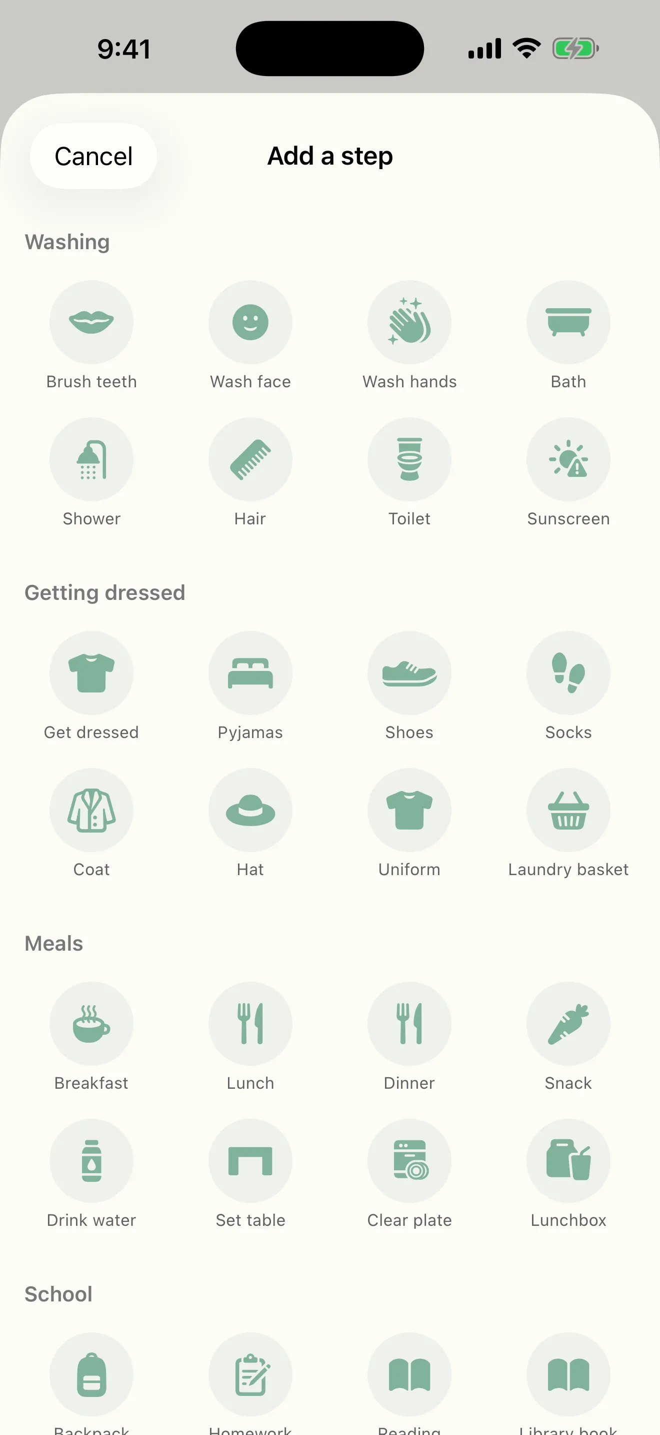Starling step picture library grouped into Washing, Getting dressed, Meals and School categories