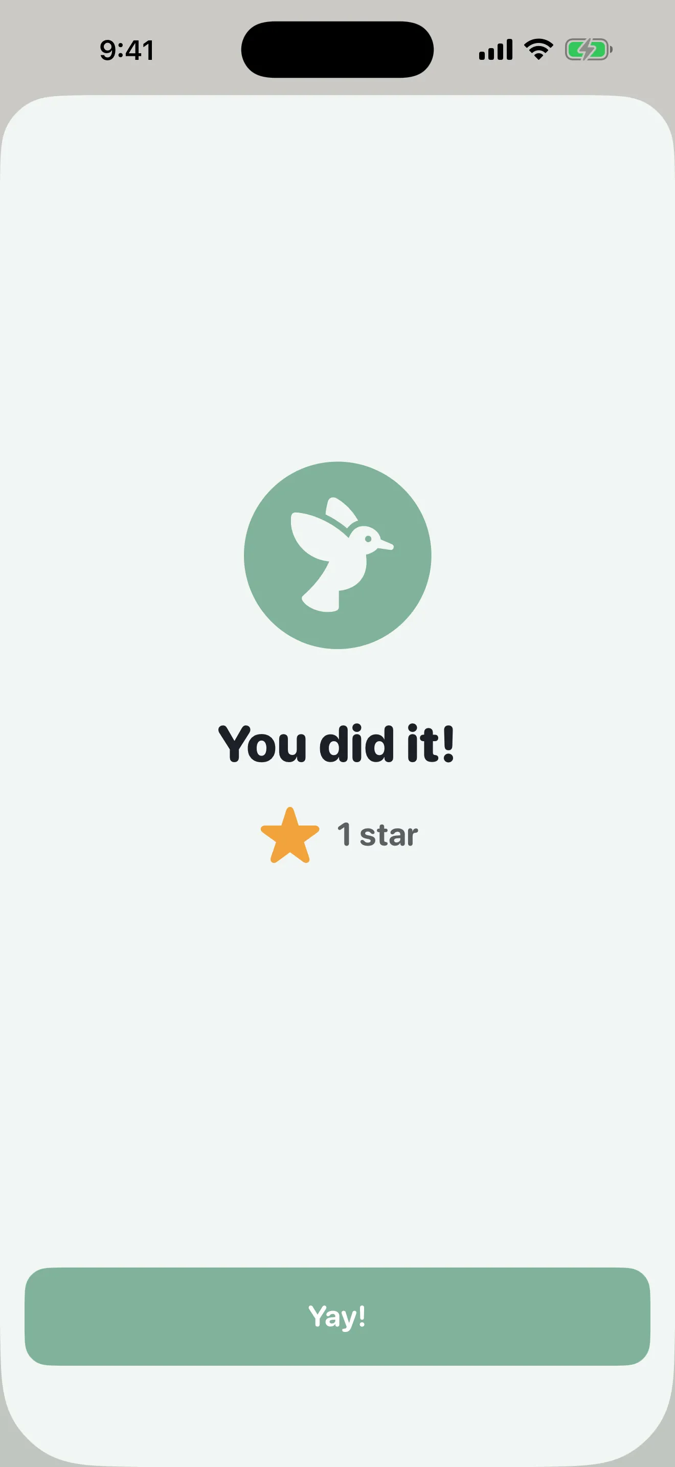 Starling full-screen celebration reading You did it! with one star earned