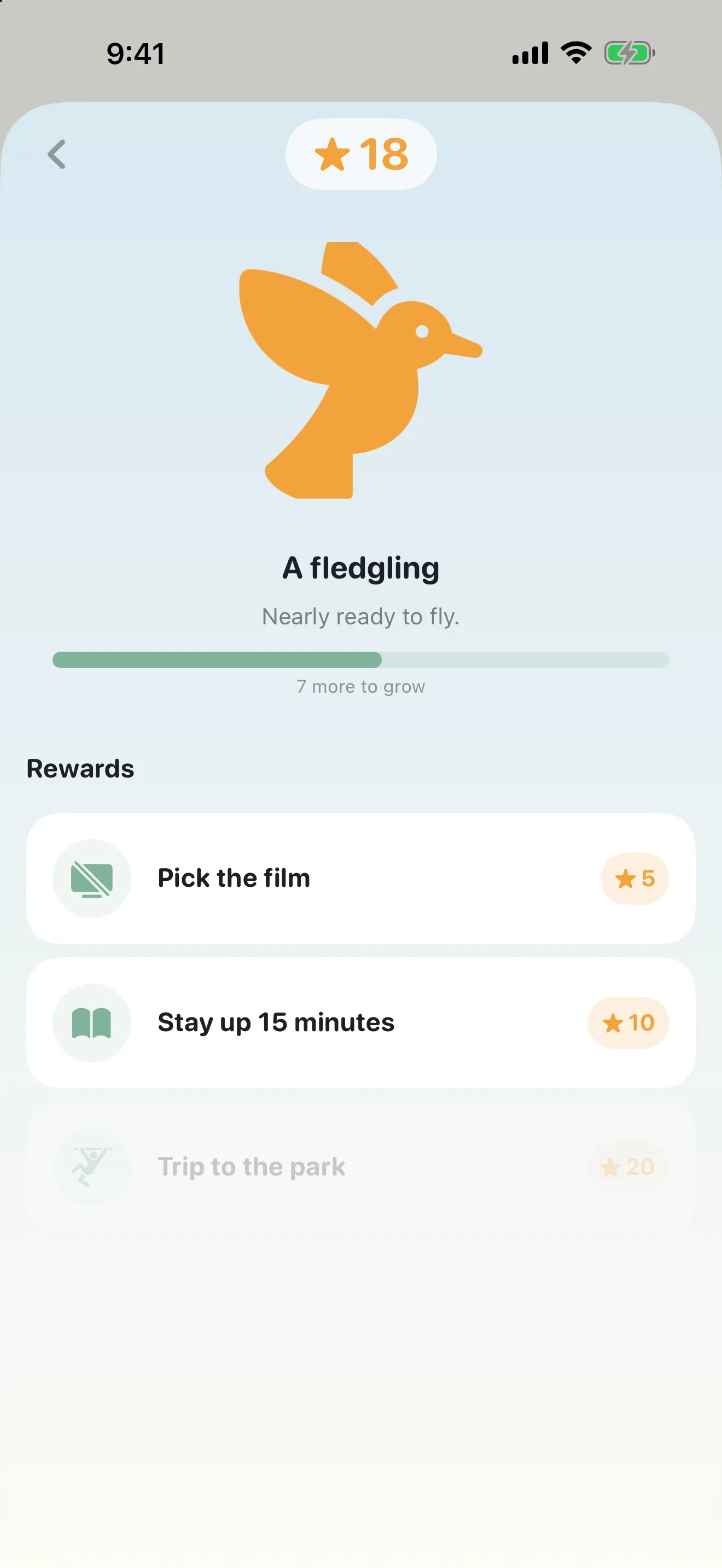 Starling Nest screen with a growing companion bird and a list of rewards priced in stars