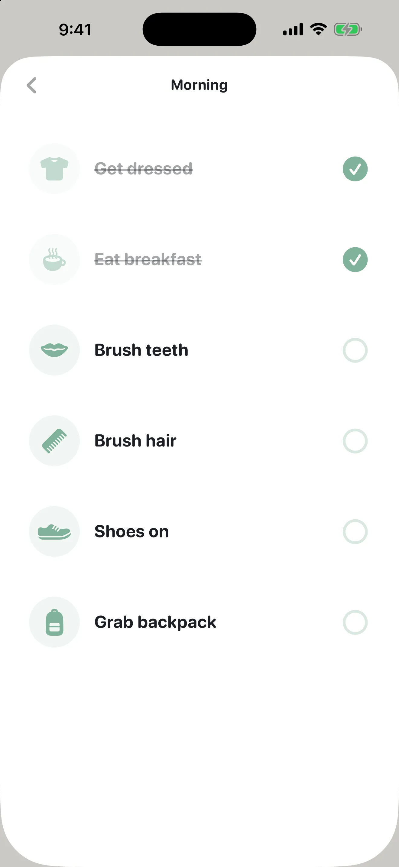 Starling list mode showing a morning routine as a checklist with completed steps struck through