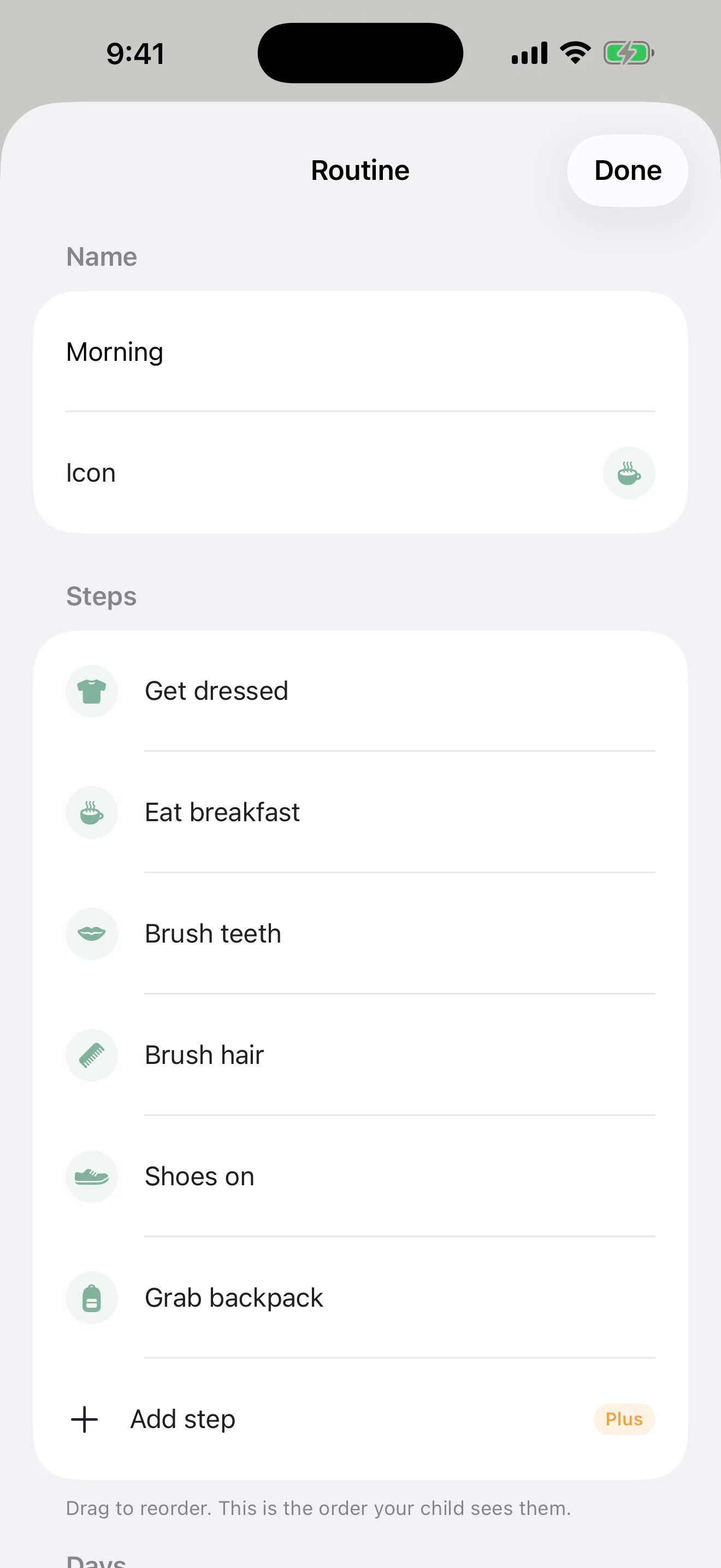 Starling routine editor with draggable picture steps and day-of-week scheduling